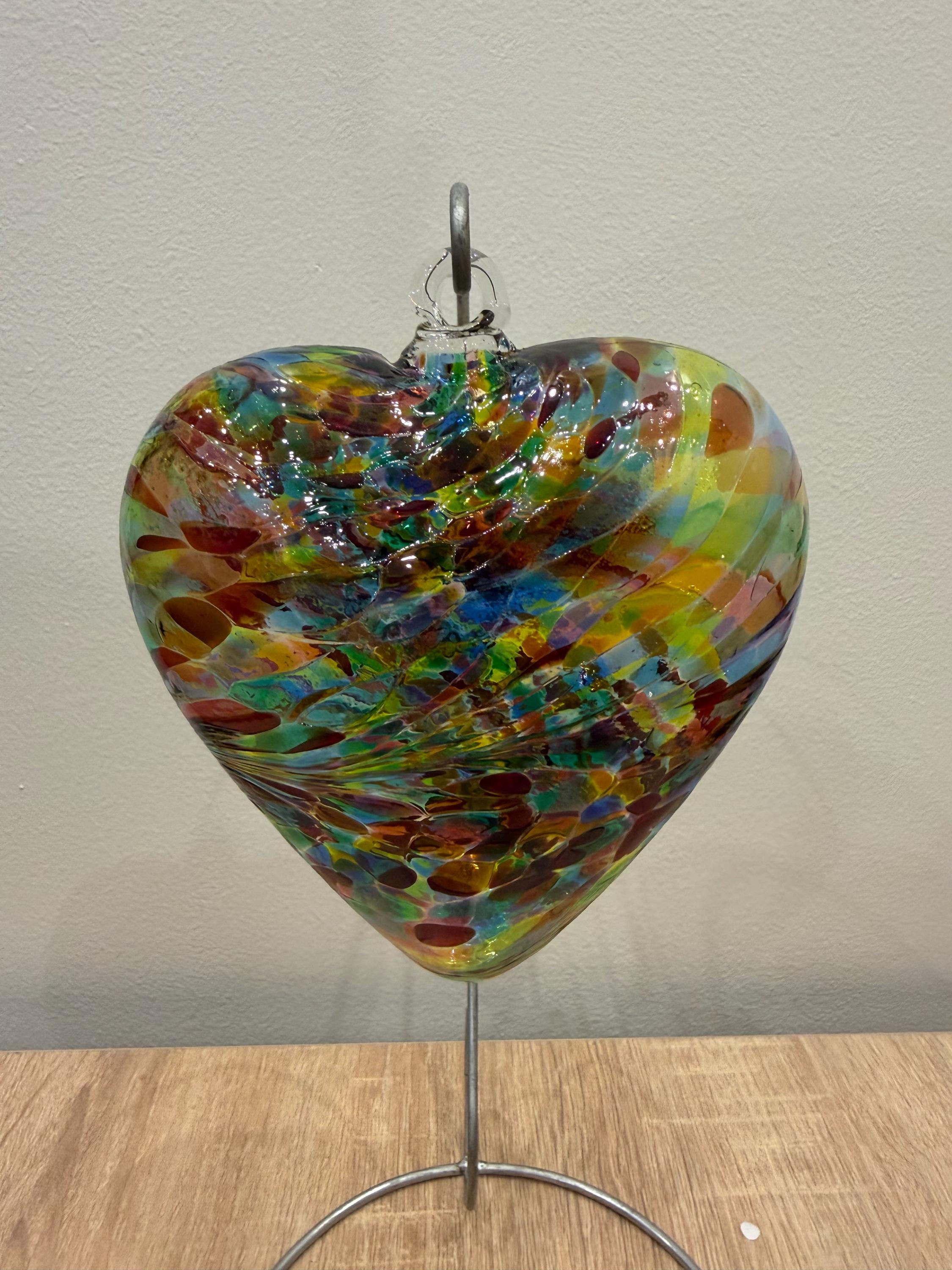 Handblown Glass Heart Ornament - Multi-colored Rainbow Confetti Swirl - Unique Art Glass Gift