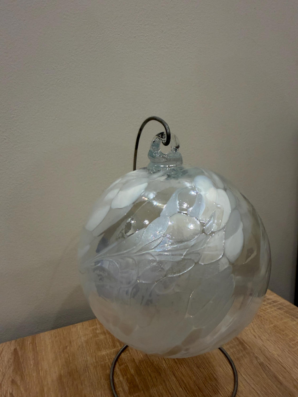 Handcrafted White Glass Sphere | Hanging Ornament | White Swirls | Window Suncatcher | Unique Art Decor