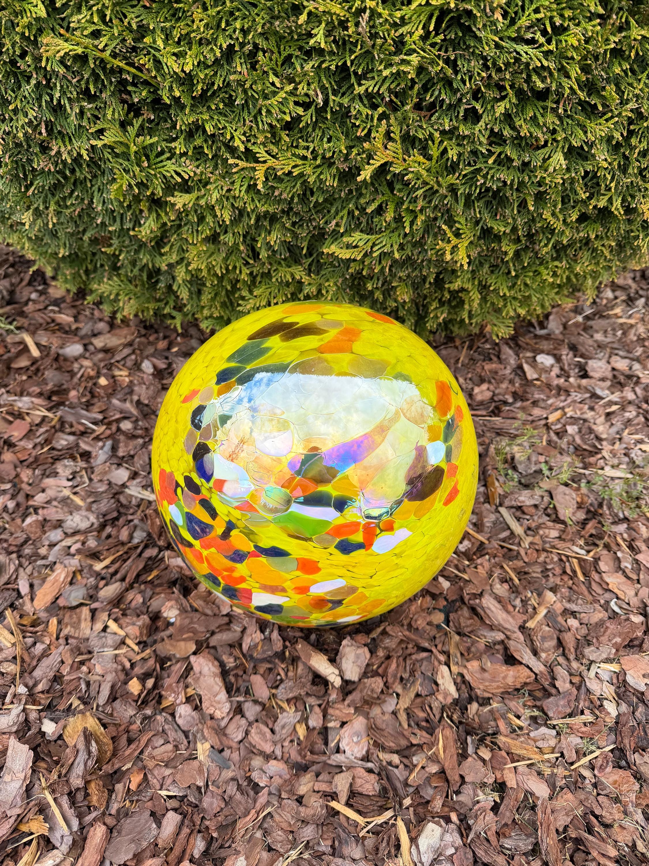 30cm Hand-Blown Glass Garden Sphere – Yellow Multicolor Mosaic Crackle Large Gazing Ball