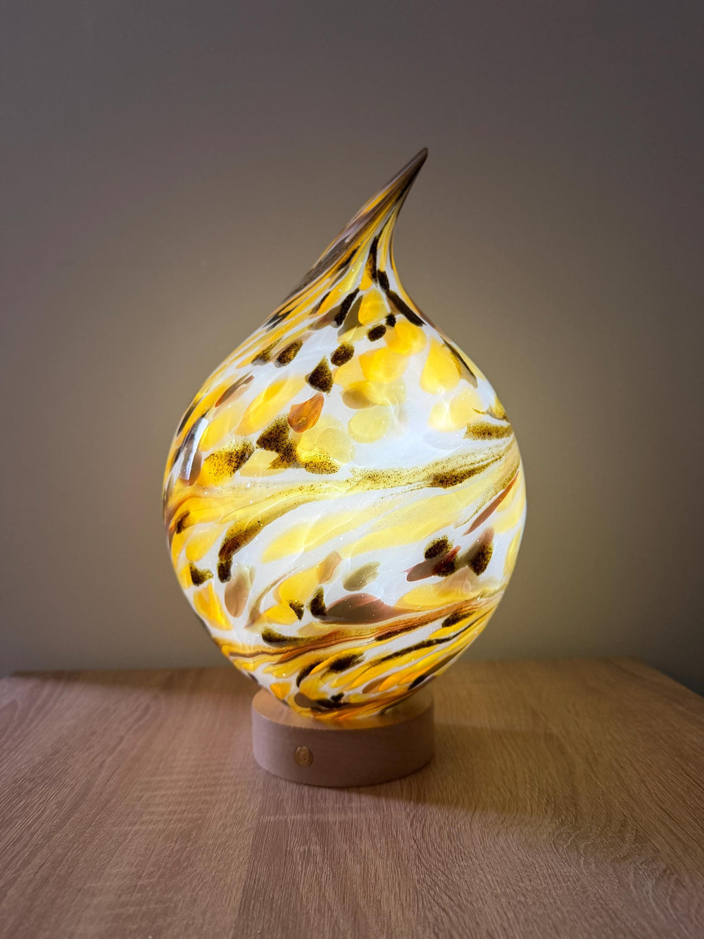 25cm Hand-Blown Gold Yellow Black Teardrop Glass Lamp – LED Touch Light Wooden Base