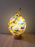 25cm Hand-Blown Gold Yellow Black Teardrop Glass Lamp – LED Touch Light Wooden Base