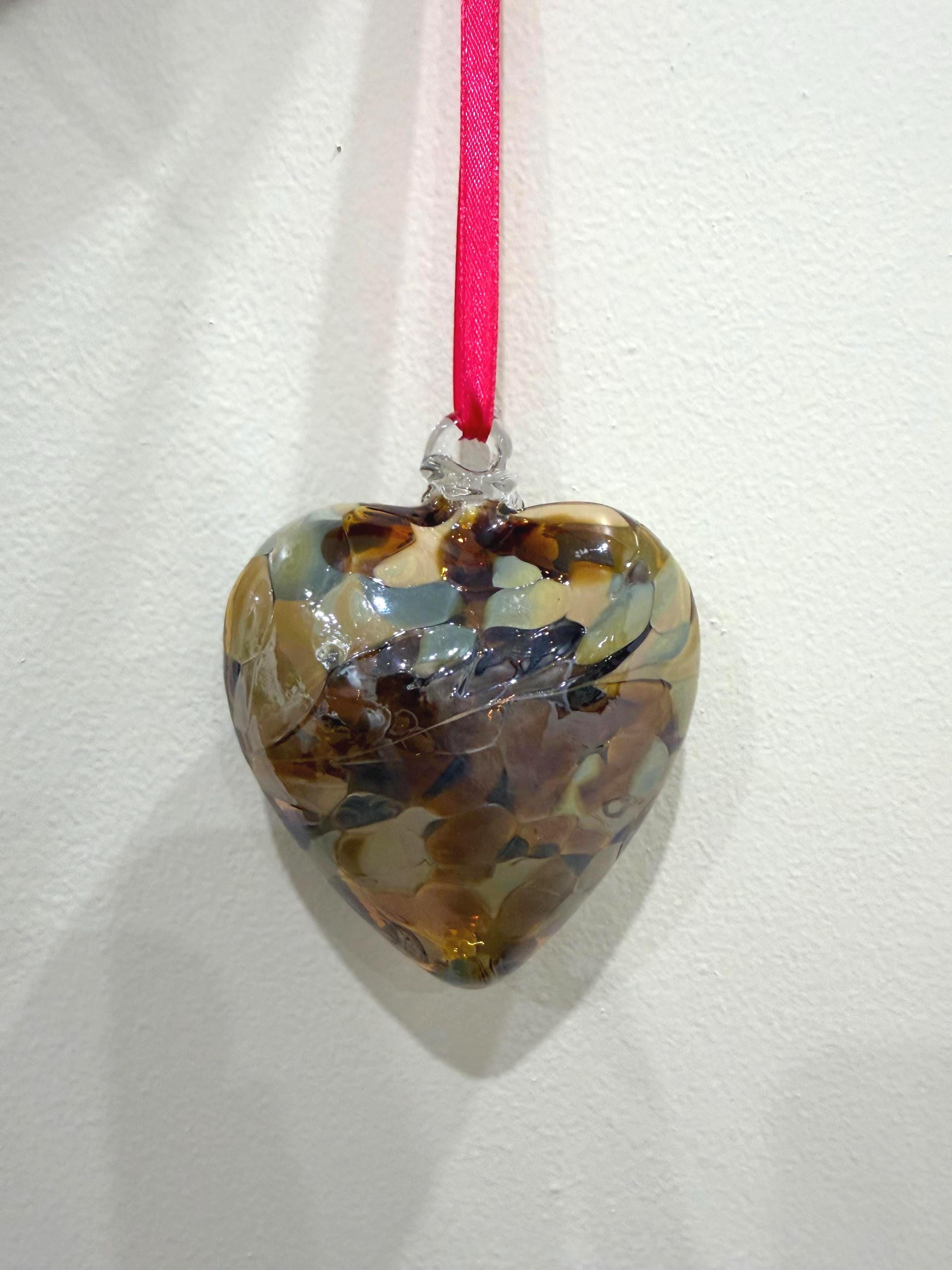 Hand-Blown Glass Heart Ornament 8cm – Amber Brown Multicolor Crackle Heart – Custom Color Option