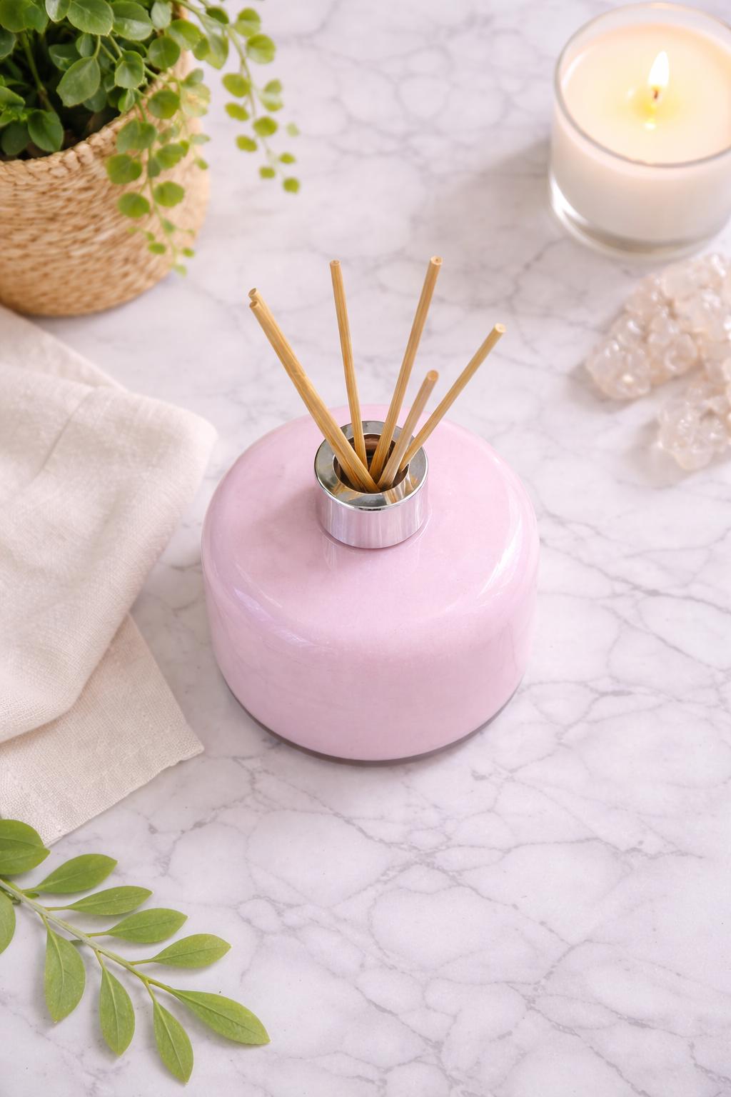 Handblown Glass Reed Diffuser – Minimalist Soft Pink , Silver Collar