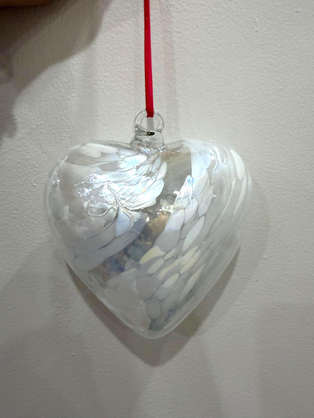 Hand Blown Glass Heart Ornament 12cm  – White Iridescent Suncatcher, Minimalist Decor
