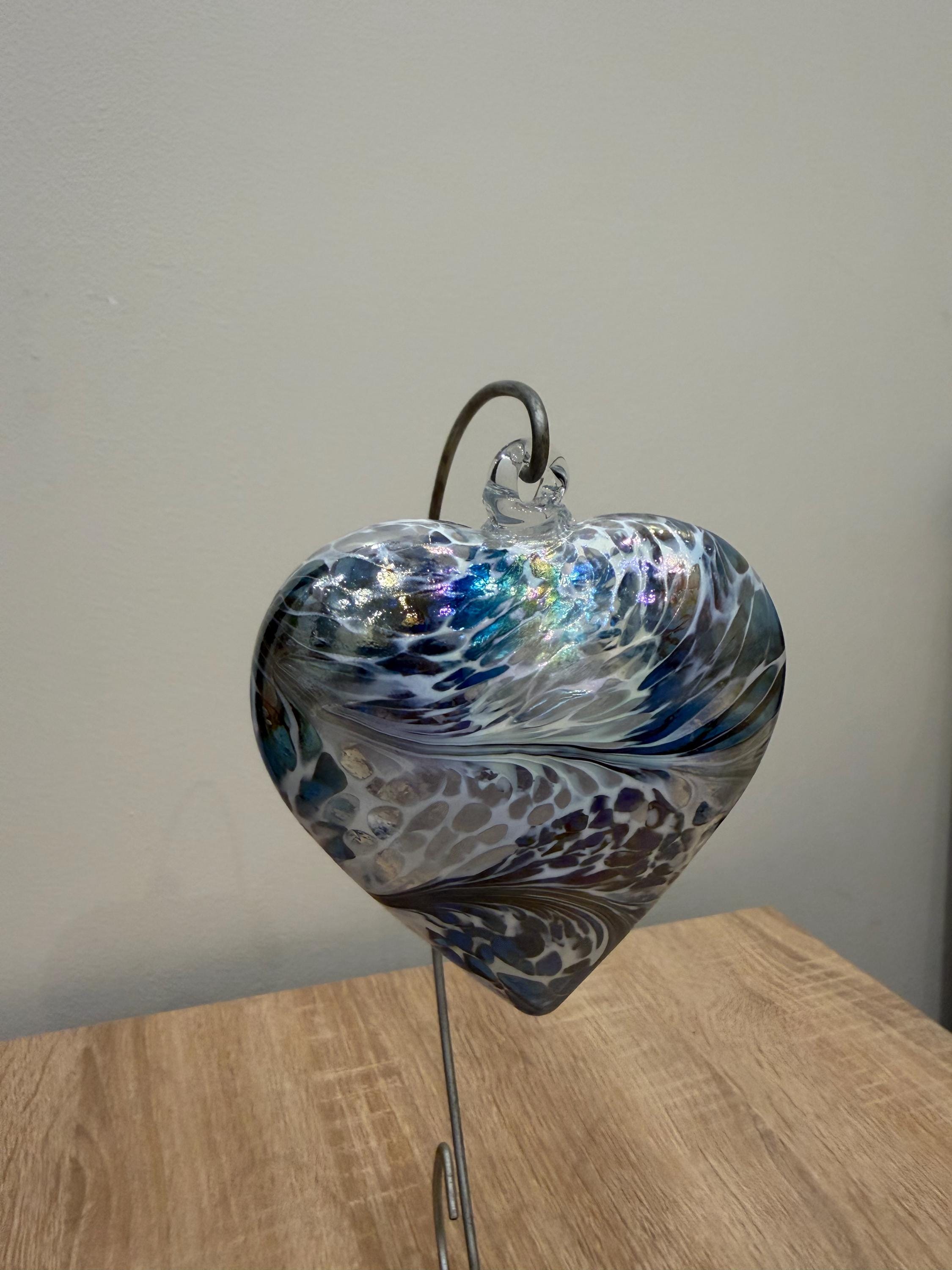Hand-Blown Glass Heart Ornament 10 cm – Blue White Iridescent Suncatcher Decor
