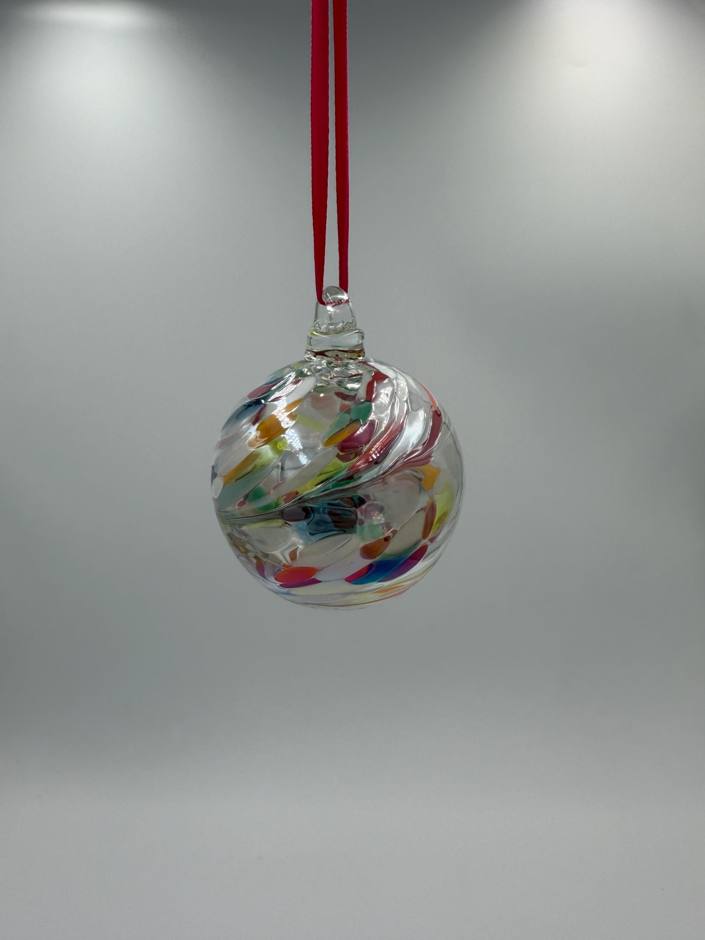 6cm Hand-Blown Crackle Glass Ornament – White Multicolor Swirl Hanging Ball