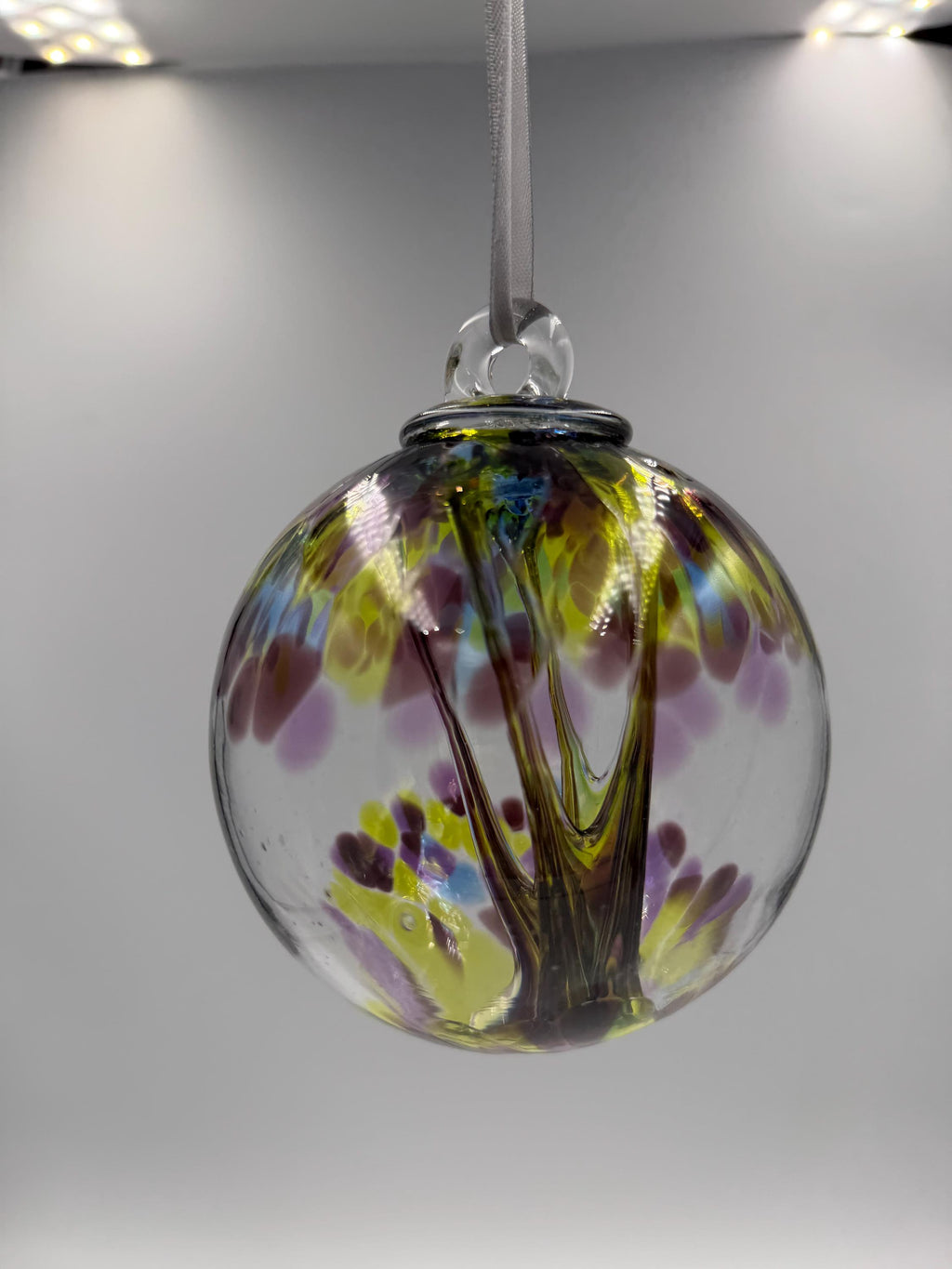 10cm Hand-Blown Multicolor Witch Ball – Purple Yellow Crackle Glass Ornament