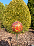 70cm Hand-Blown Glass Garden Stake – 12cm Red Green Abstract Sphere