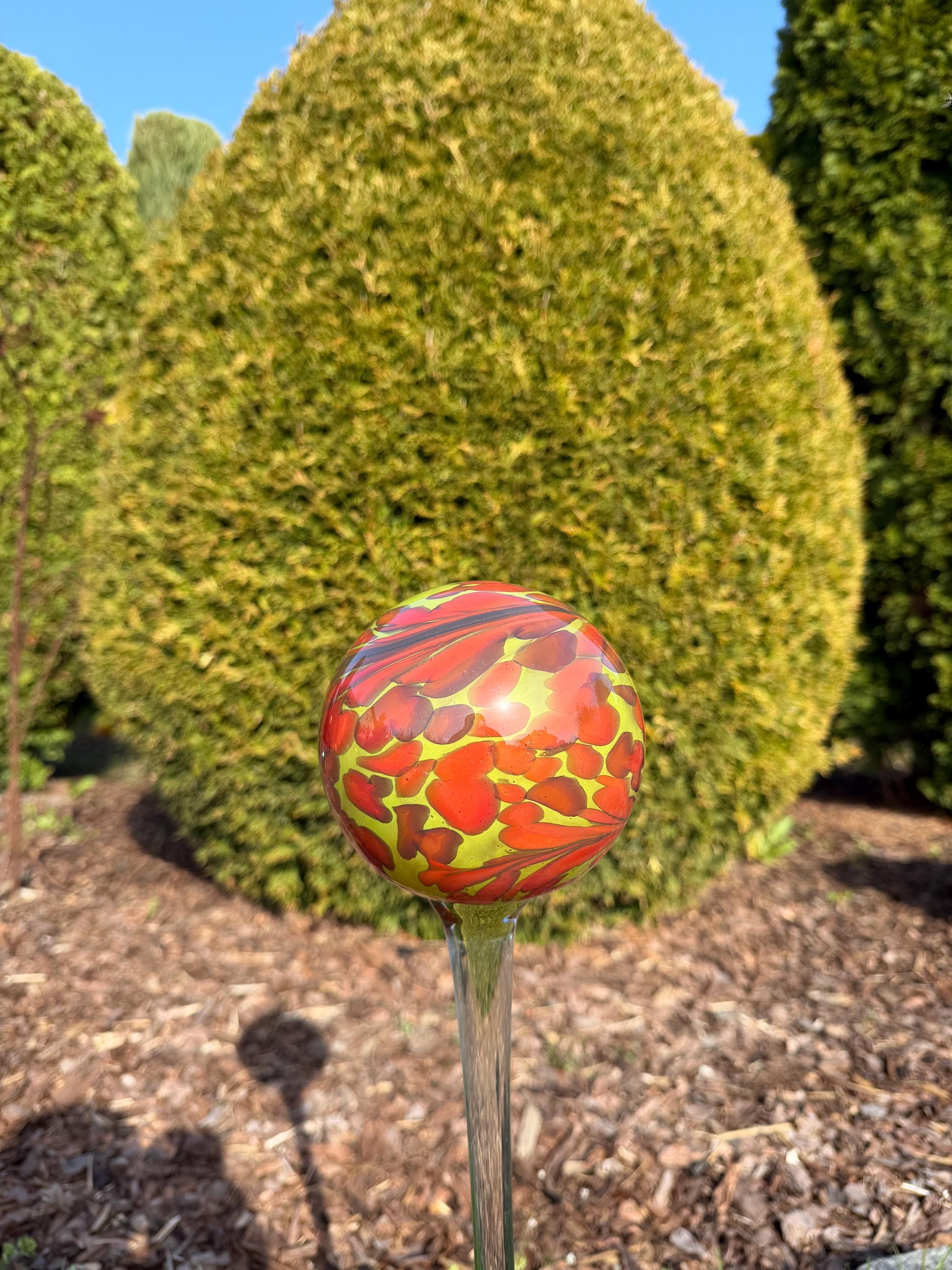 70cm Hand-Blown Glass Garden Stake – 12cm Red Green Abstract Sphere