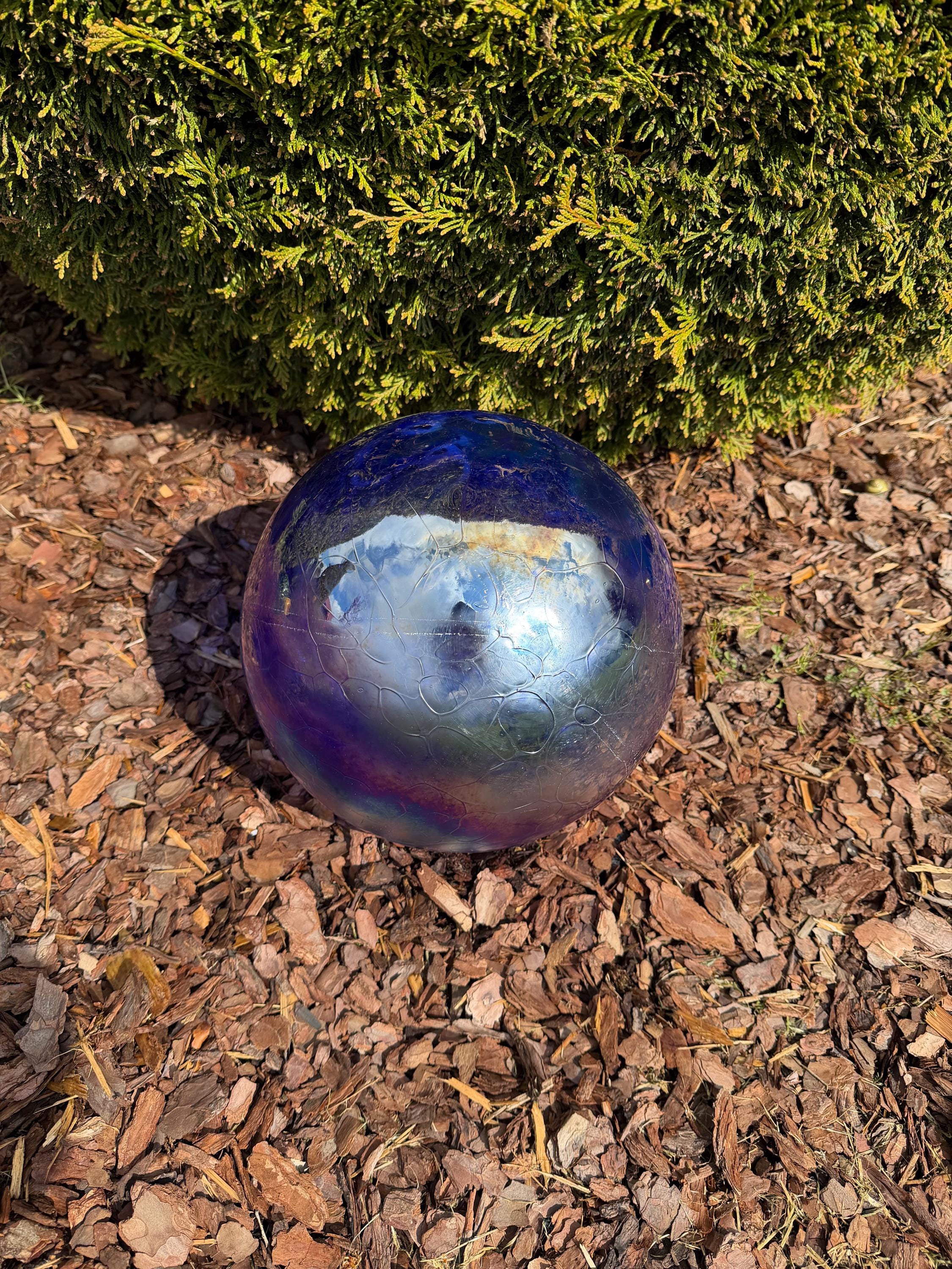 30cm Hand-Blown Glass Garden Sphere – Iridescent Blue Purple Crackle Large Gazing Ball