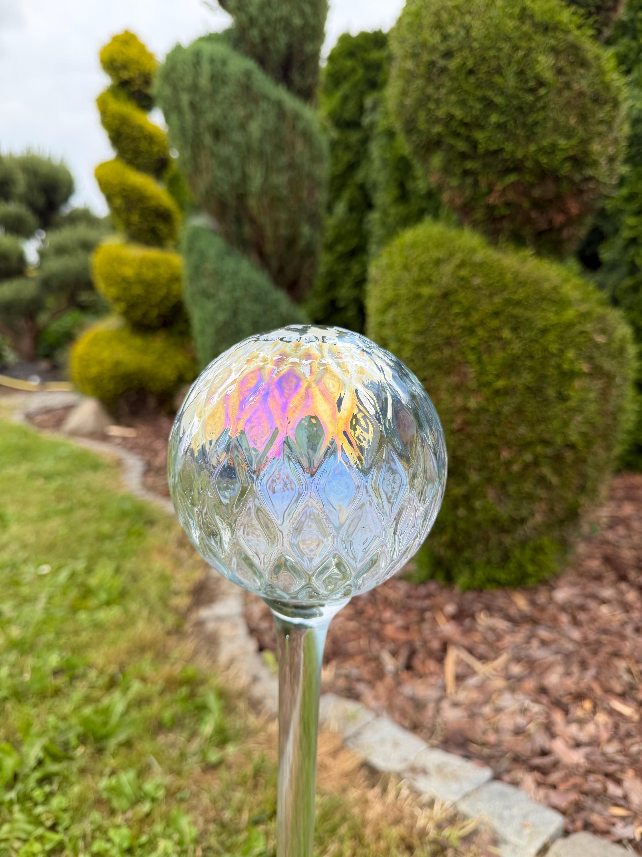 70cm Iridescent Glass Garden Ball on Stake – 12cm Hand Blown Gazing Ball – Hand-Blown Decoration
