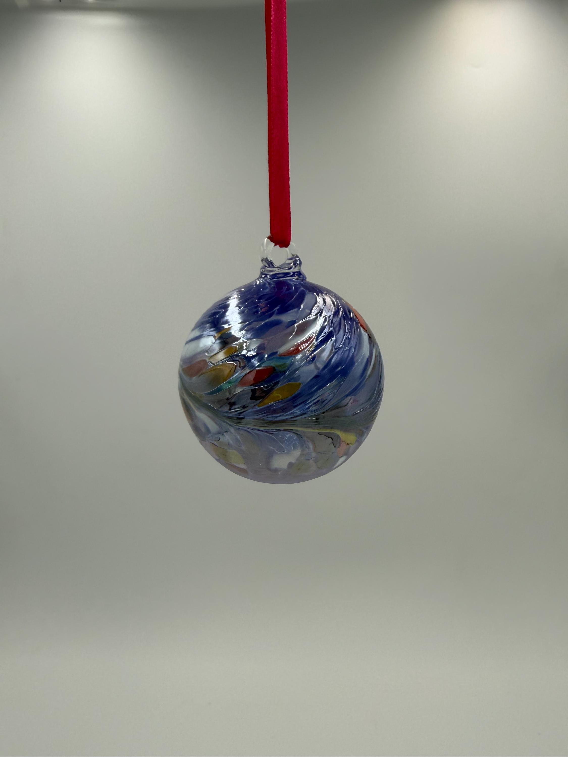 6cm Hand-Blown Crackle Glass Ornament – Blue Purple Multicolor Swirl Hanging Ball