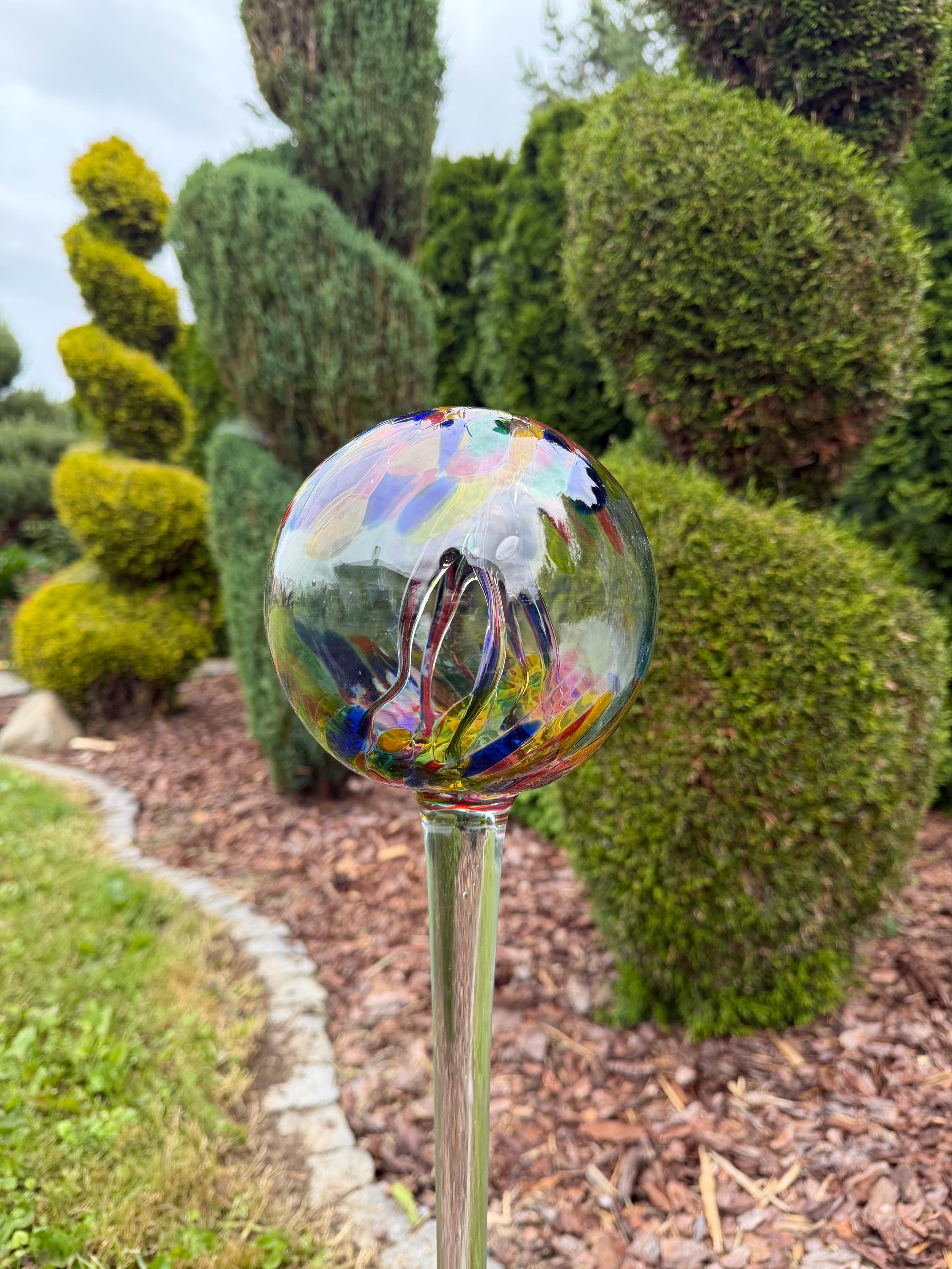 80cm Hand-Blown Garden Witch Ball on Stake – 15cm Colorful Glass Gazing Ball – Outdoor Ornament