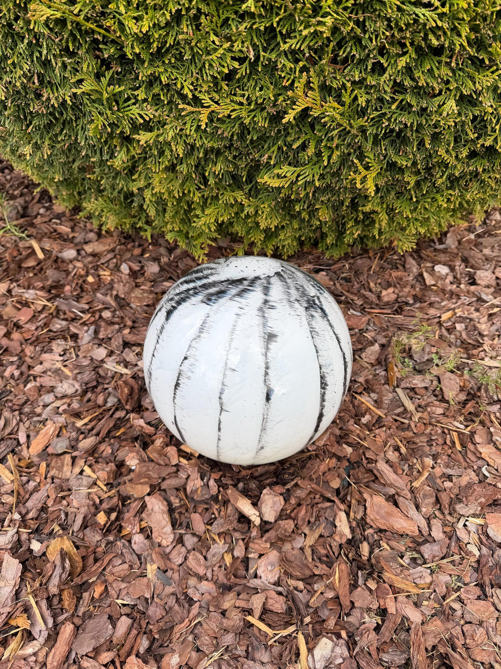 25cm Hand-Blown Glass Garden Sphere – White Black Striped Marble Gazing Ball