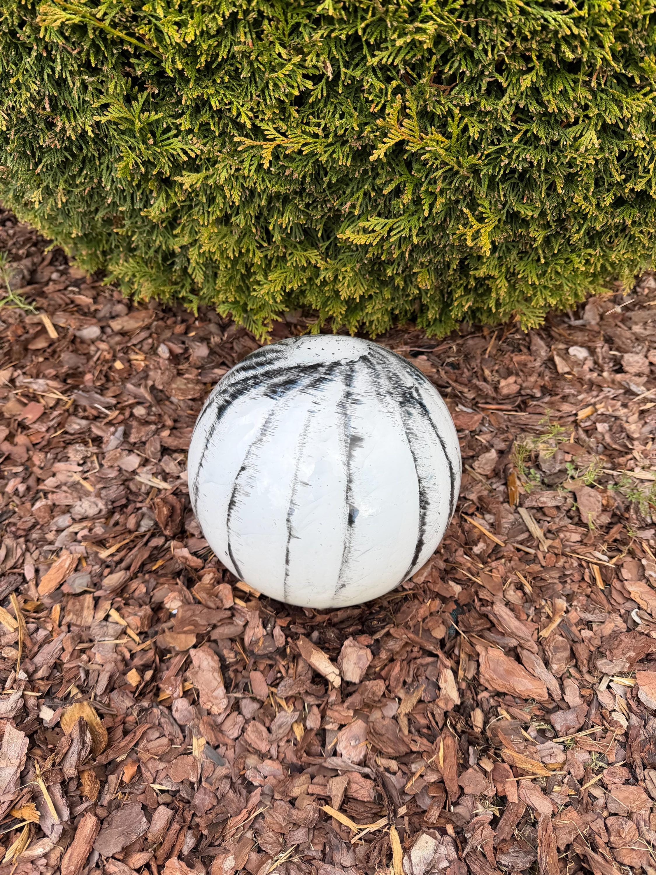 25cm Hand-Blown Glass Garden Sphere – White Black Striped Marble Gazing Ball