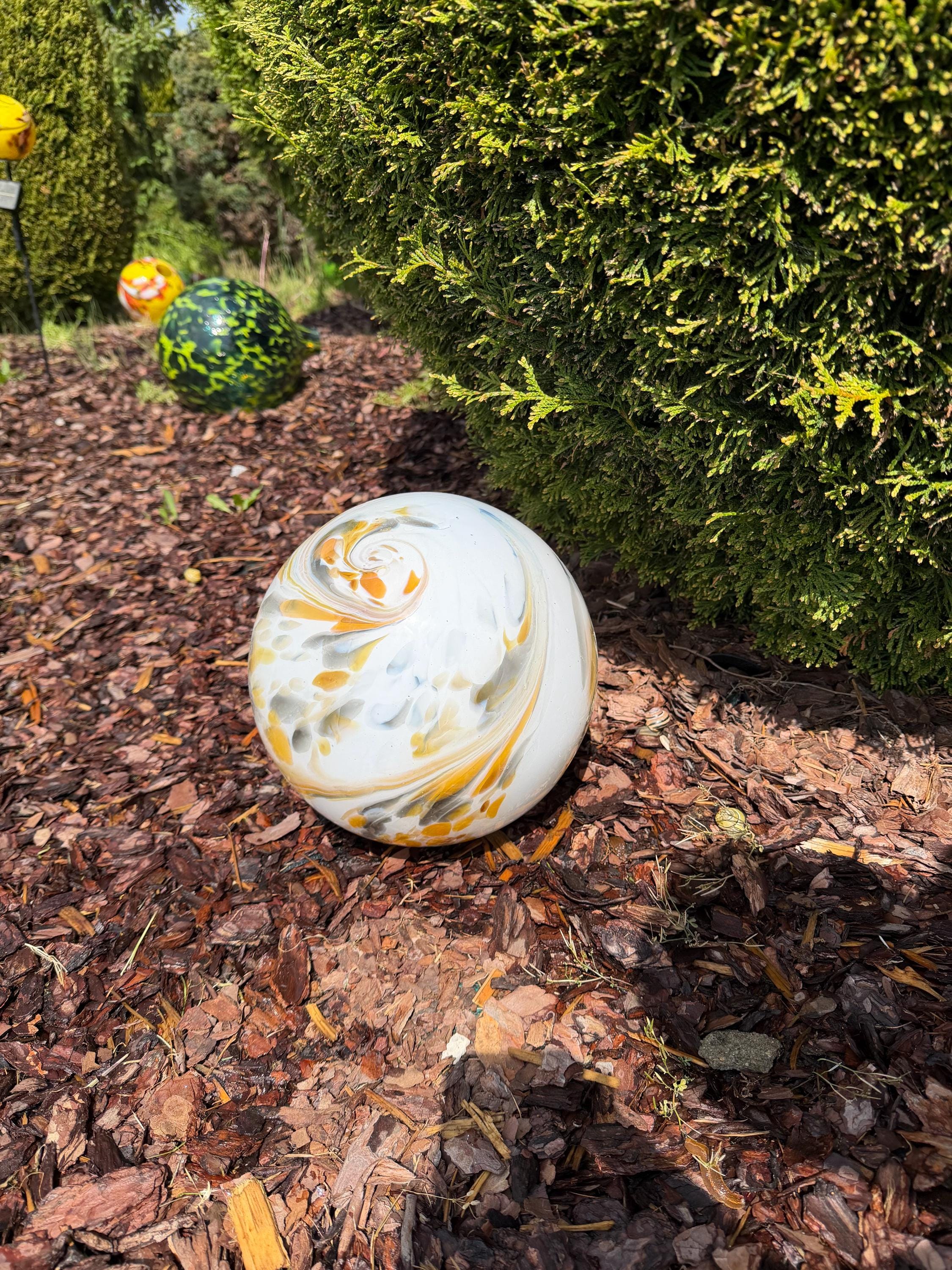 25cm Hand-Blown White Yellow Swirl Glass Sphere – Large Marble Decorative Orb