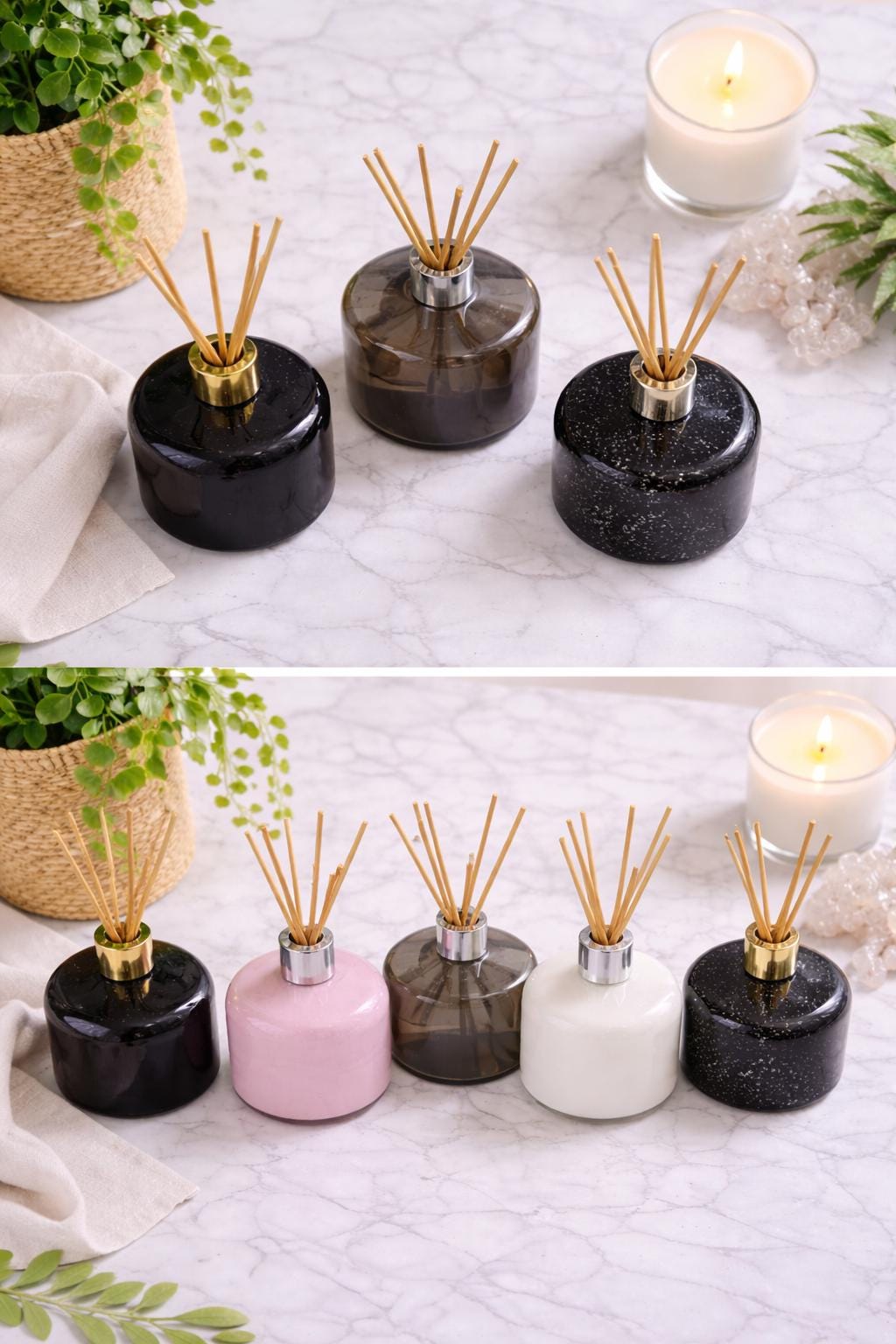 Handblown Art Glass Reed Diffuser – Speckled Galaxy Design, Gold Collar