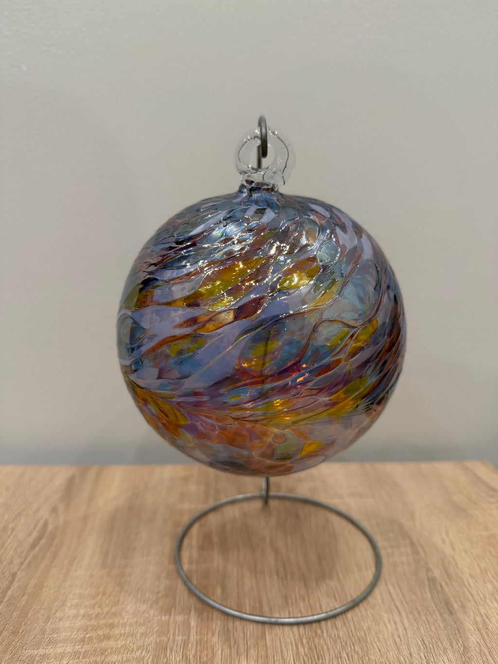 Handcrafted Glass Sphere | Blue Amber Swirls, Wavy Texture Suncatcher | 15cm