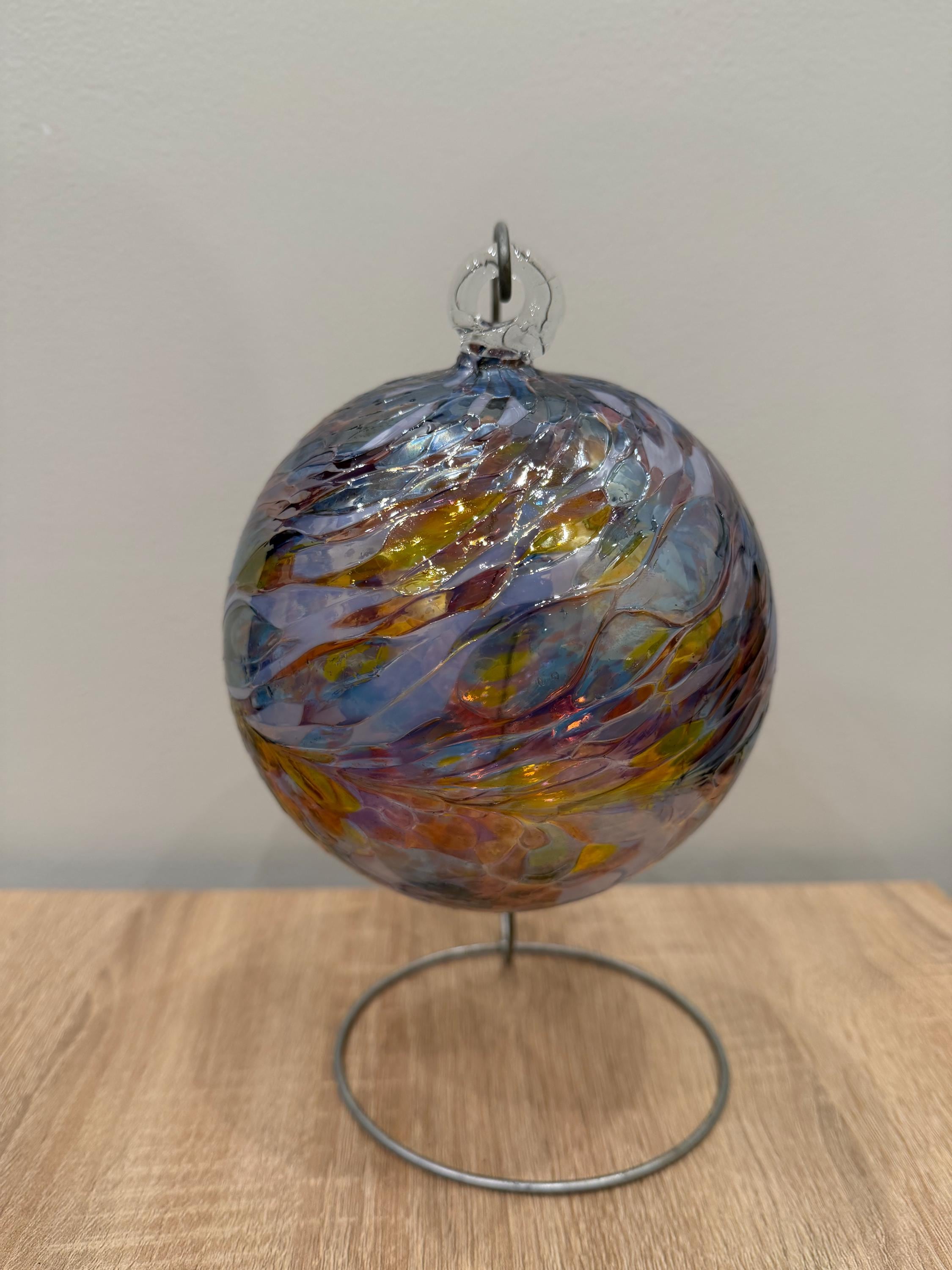 Handcrafted Glass Sphere | Blue Amber Swirls, Wavy Texture Suncatcher | 15cm