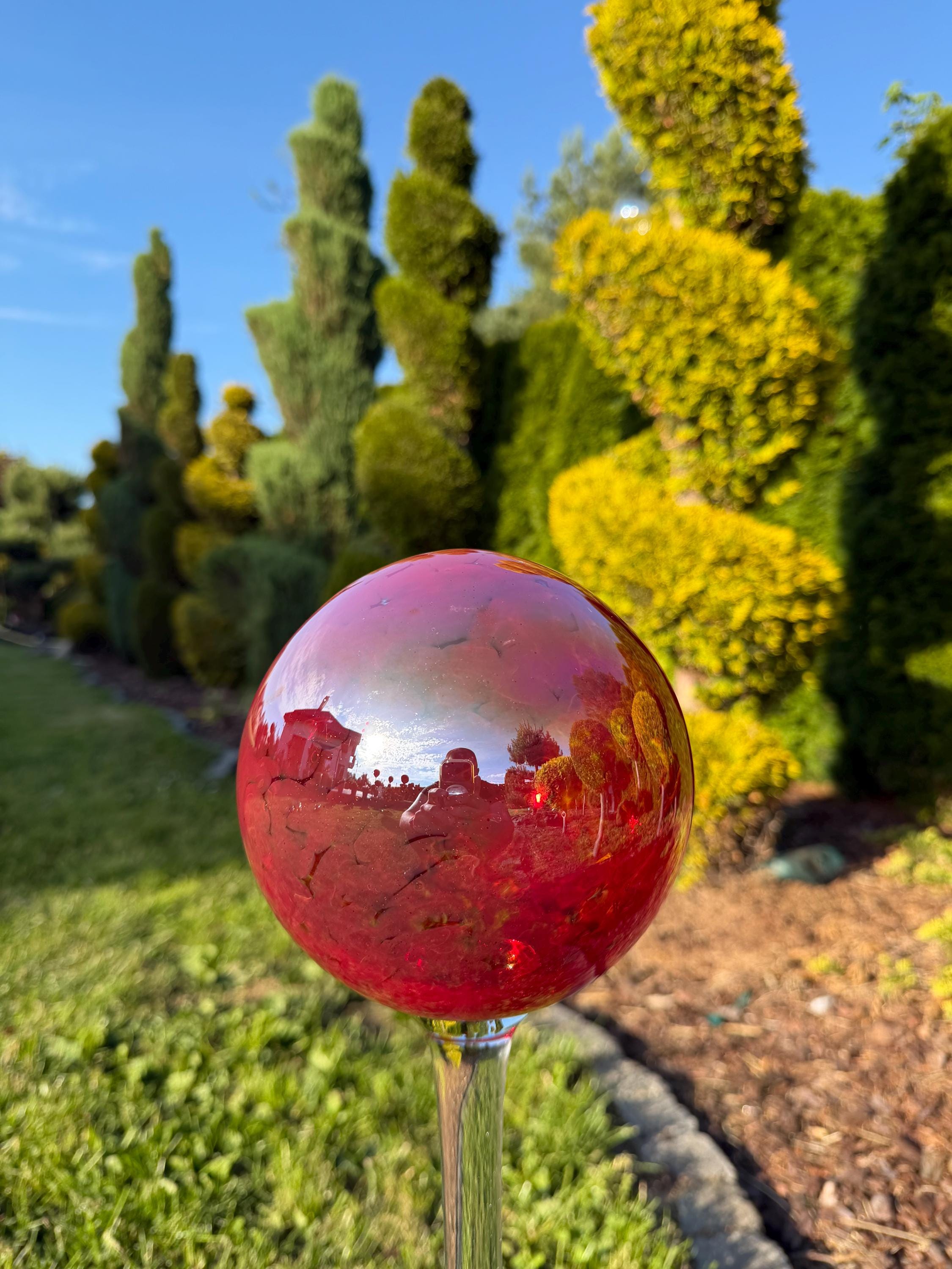 15cm Iridescent Red Glass Garden Stake - Hand Blown Garden Globe - 80cm Outdoor Decor
