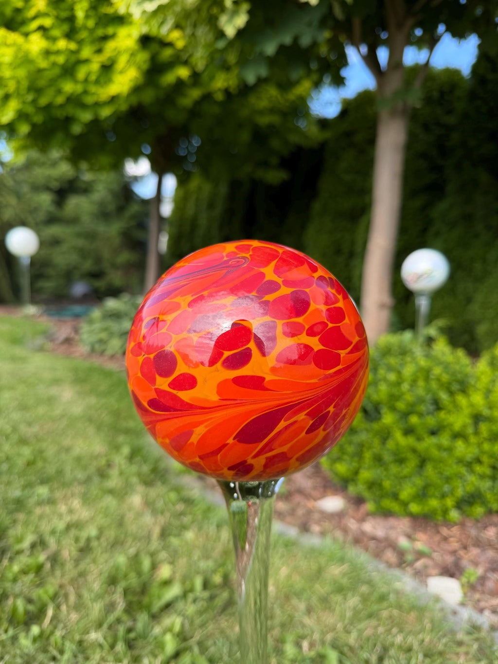 15cm Orange Glass Garden Stake - Hand Blown Garden Globe - 80cm Outdoor Decor