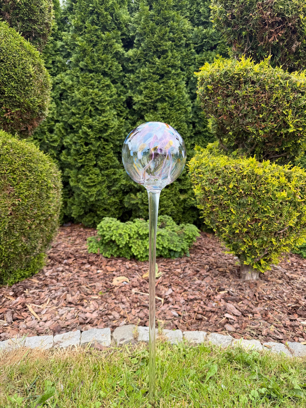 80cm Hand-Blown Pastel Garden Witch Ball on Stake – 15cm Glass Gazing Ball – Outdoor Yard