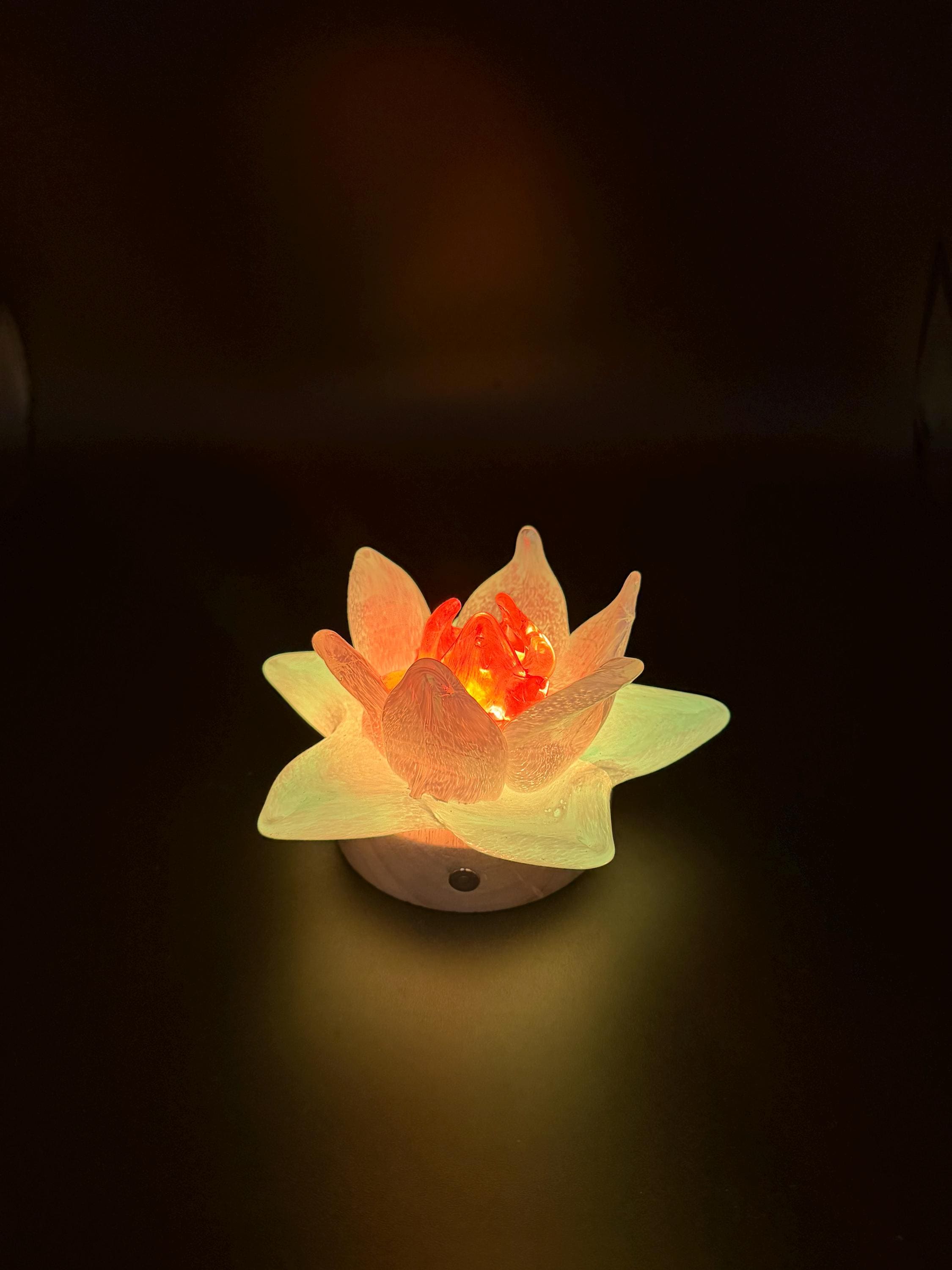 12cm Hand-Blown Glass Flower Lamp – White Petals, Wooden Base, Touch Control Night Light