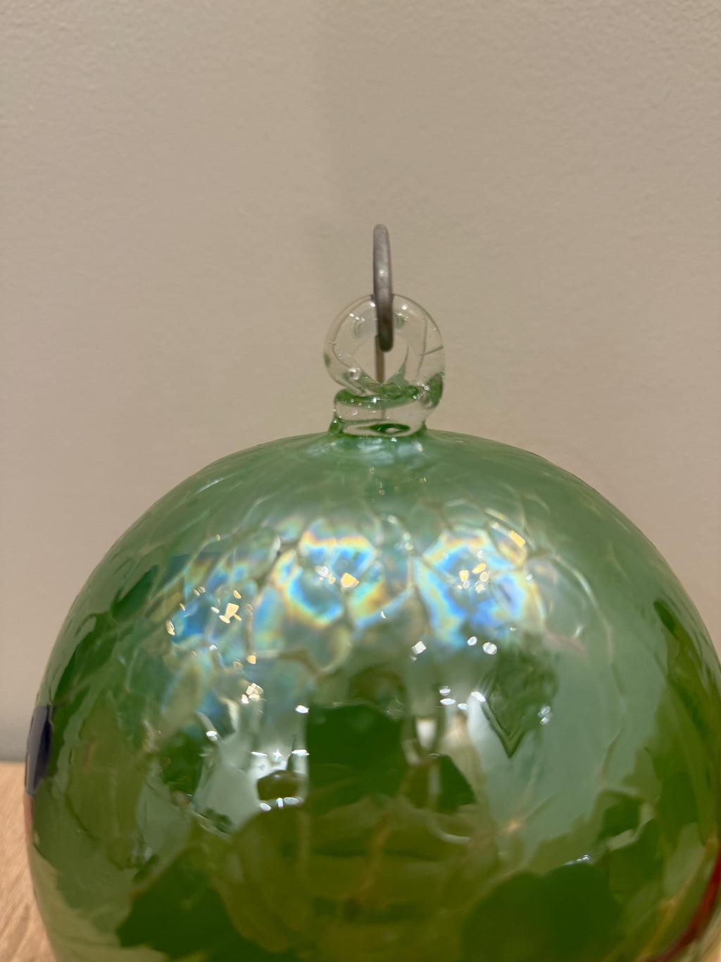 Handcrafted Art Glass Sphere | Green Suncatcher, Blue Red Swirls, Window Decor