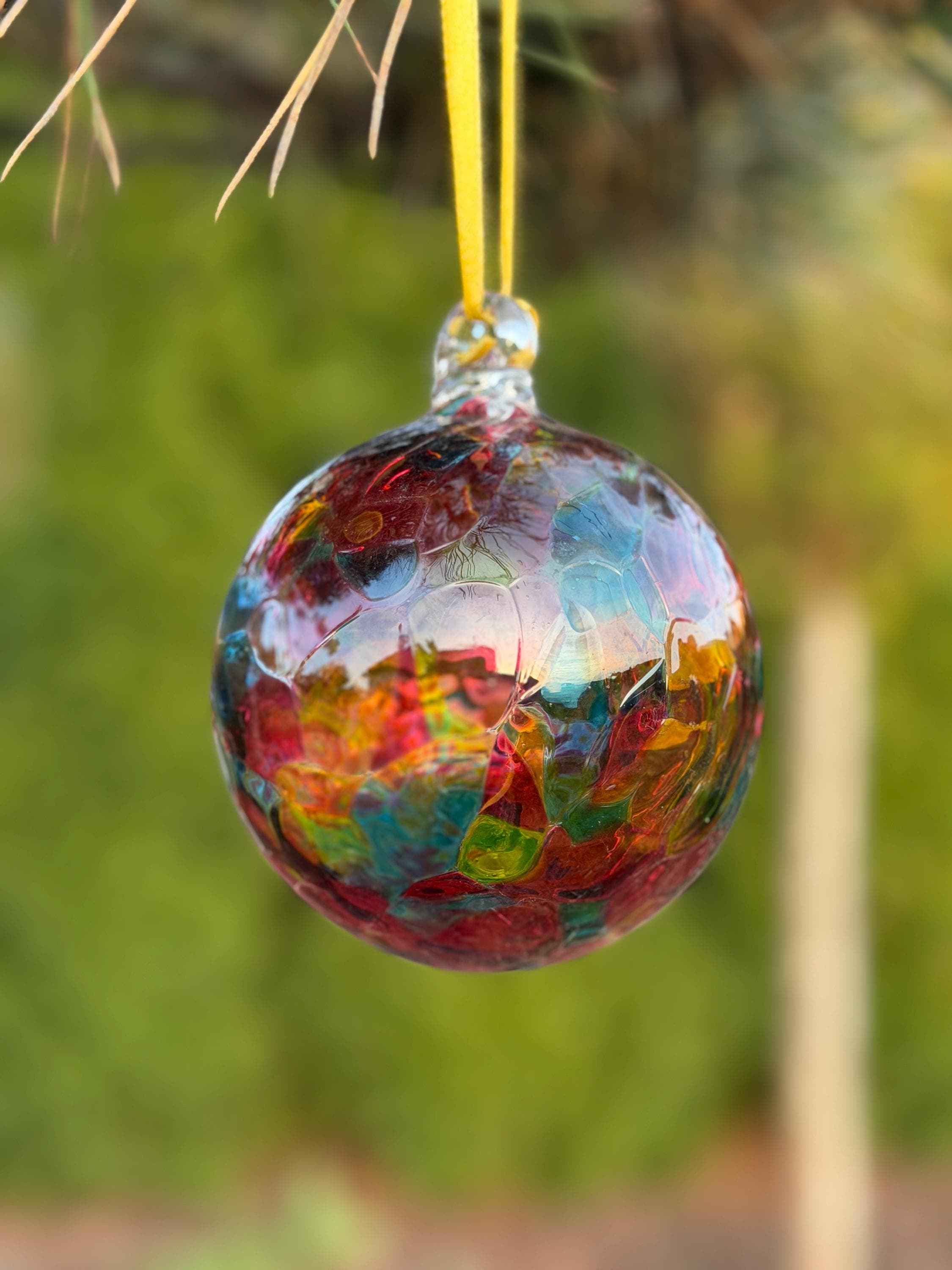 Hand-Blown Glass Ornament 10cm – Multicolor Rainbow Ball – Iridescent Art Glass Suncatcher