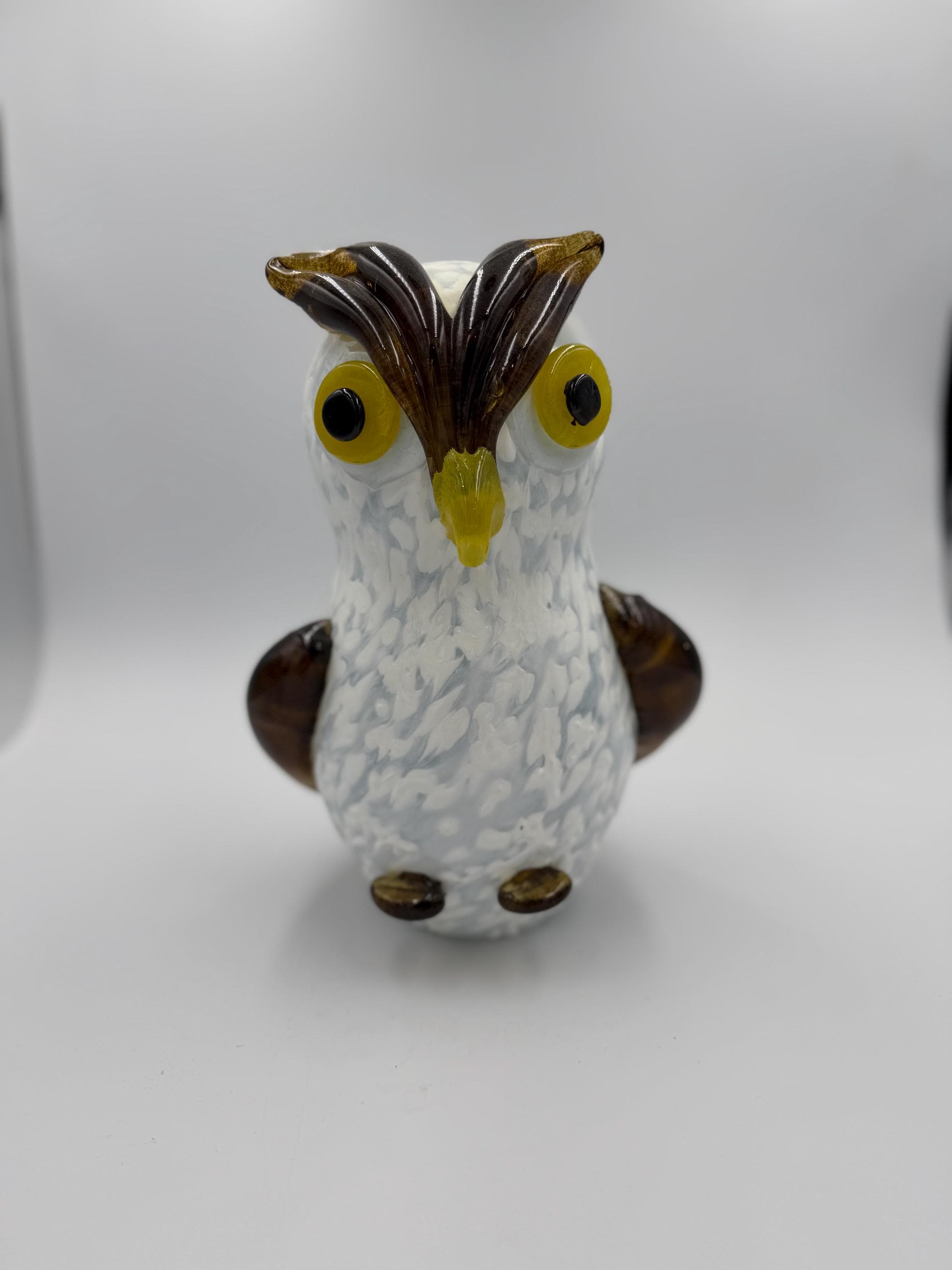 25cm Hand-Blown Glass Owl Figurine – Large White Brown Owl Sculpture with Yellow Eyes