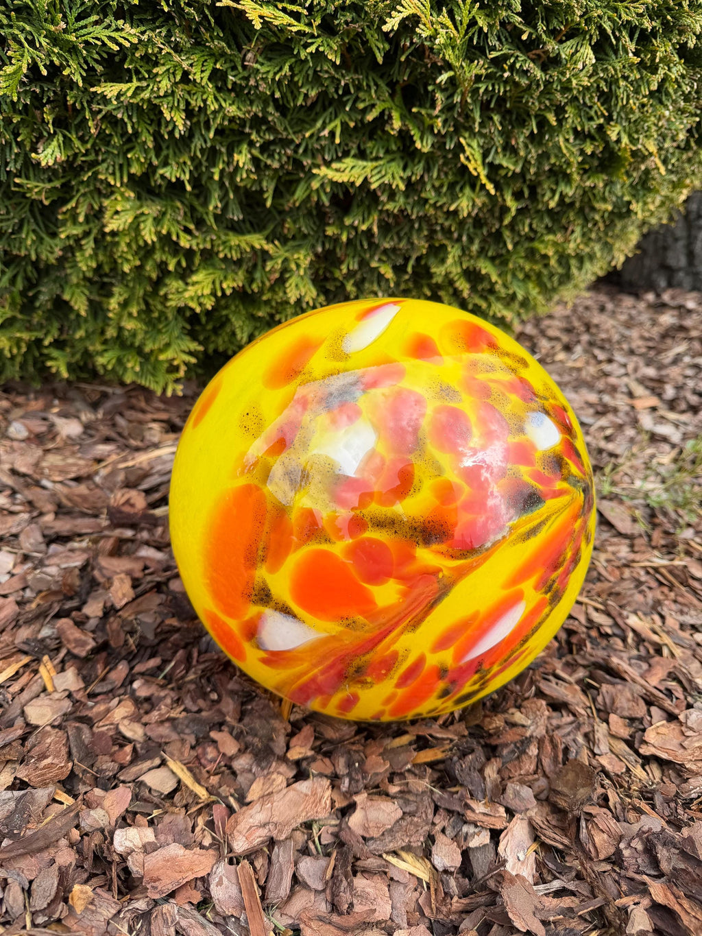 25cm Hand-Blown Glass Garden Sphere – Yellow Red Orange Black Speckled Crackle Gazing Ball