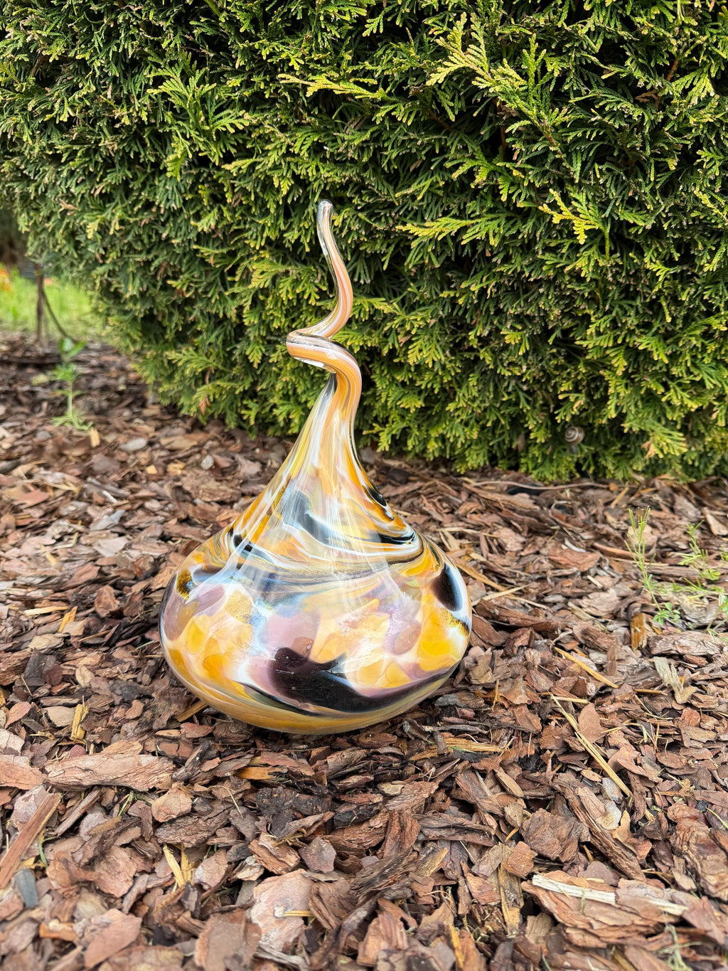 30cm Hand-Blown Glass Teardrop – Multicolor Yellow Purple Black Swirl Garden Sculpture