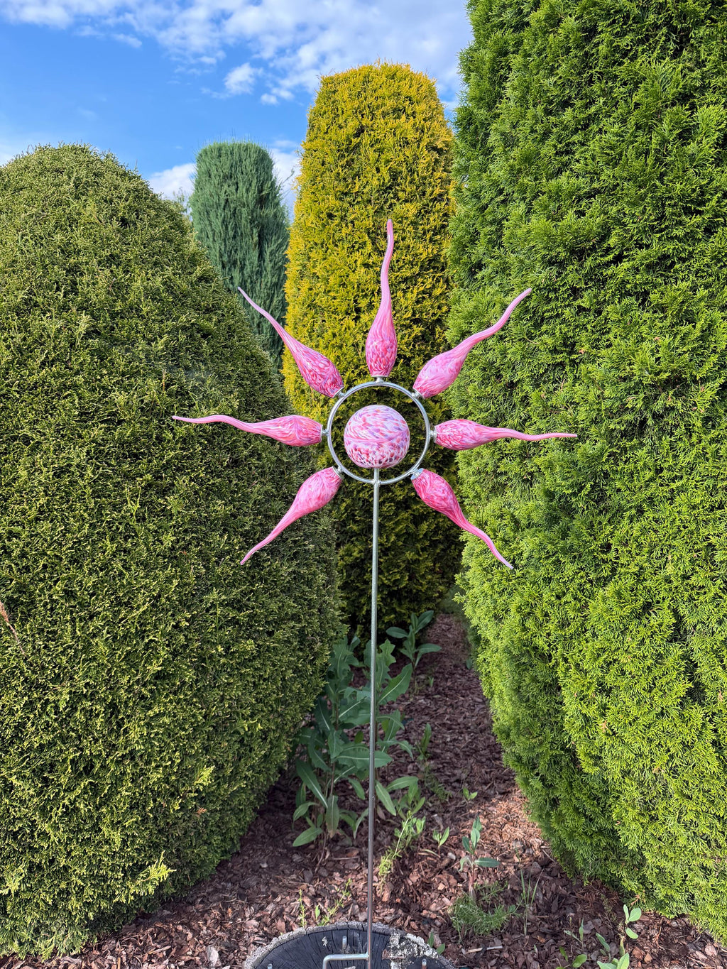 160cm Hand-Blown Pink Glass Sun Garden Stake – Metal Yard Art Sculpture – Outdoor Garden Decor