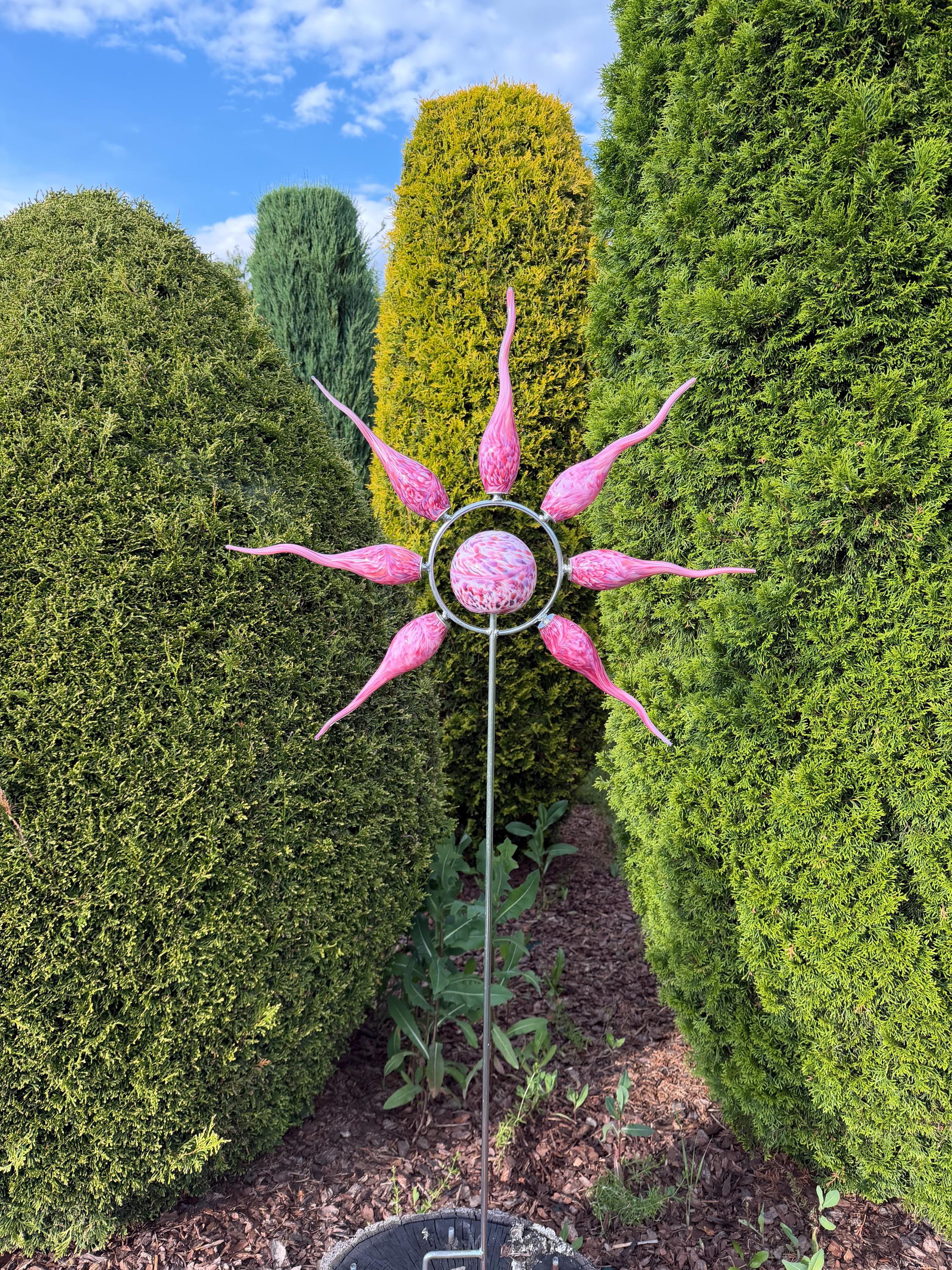 160cm Hand-Blown Pink Glass Sun Garden Stake – Metal Yard Art Sculpture – Outdoor Garden Decor