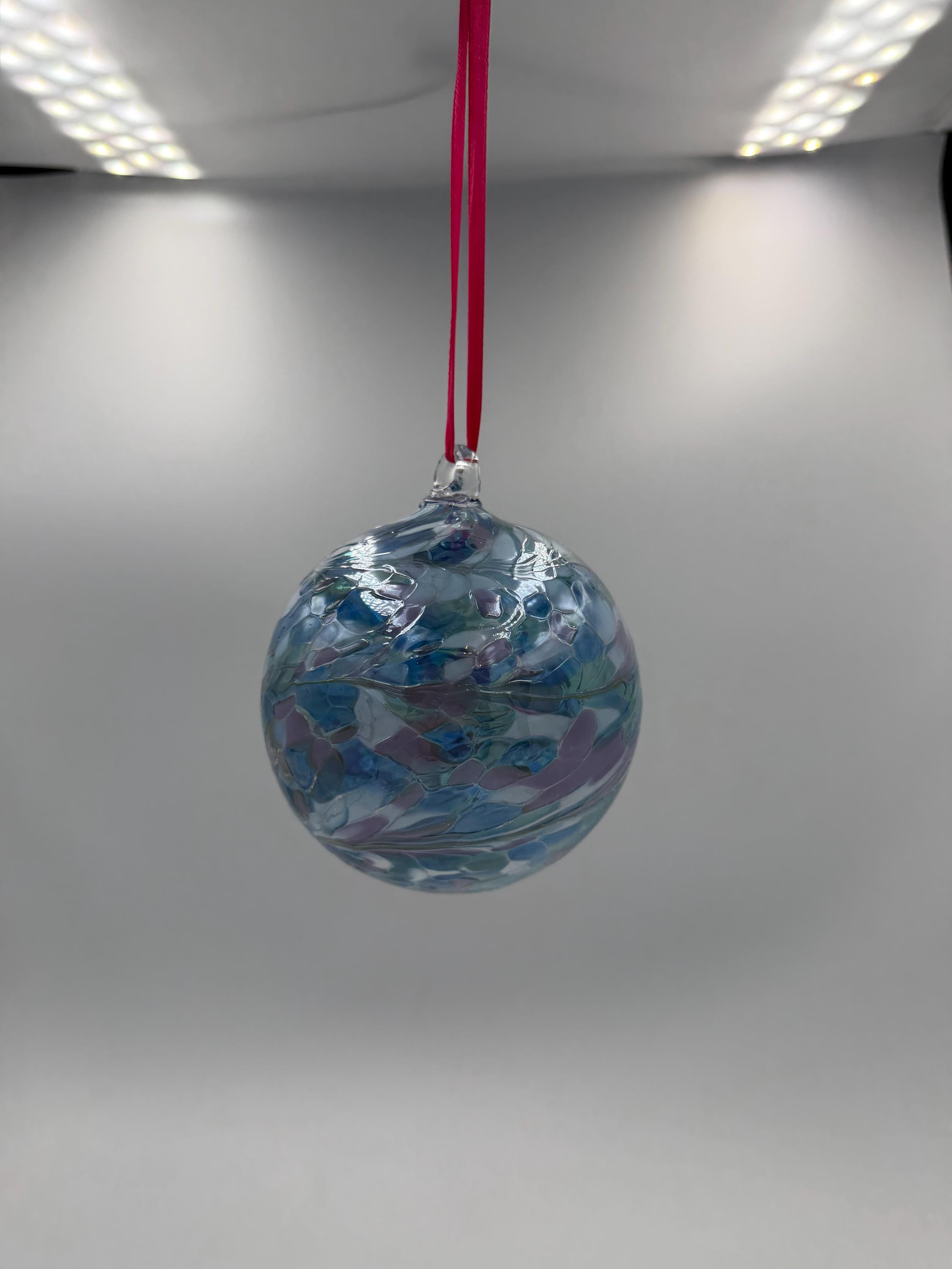10cm Hand-Blown Glass Ornament – Blue Purple Turquoise Iridescent Hanging Sphere