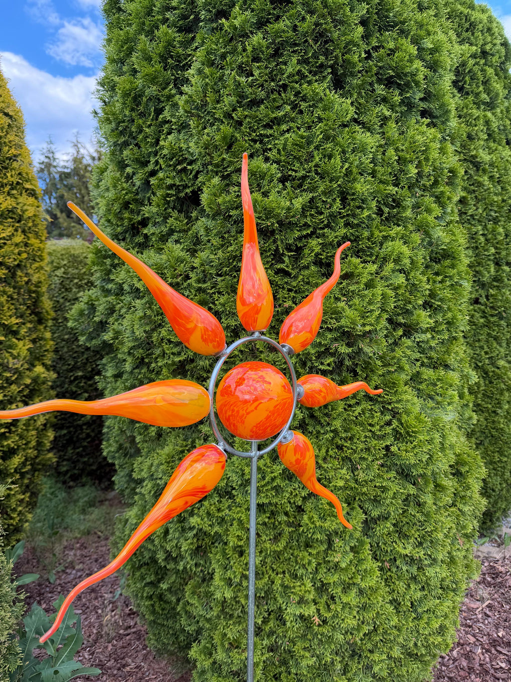 160cm Hand-Blown Glass Sun Garden Stake – Orange Outdoor Yard Art
