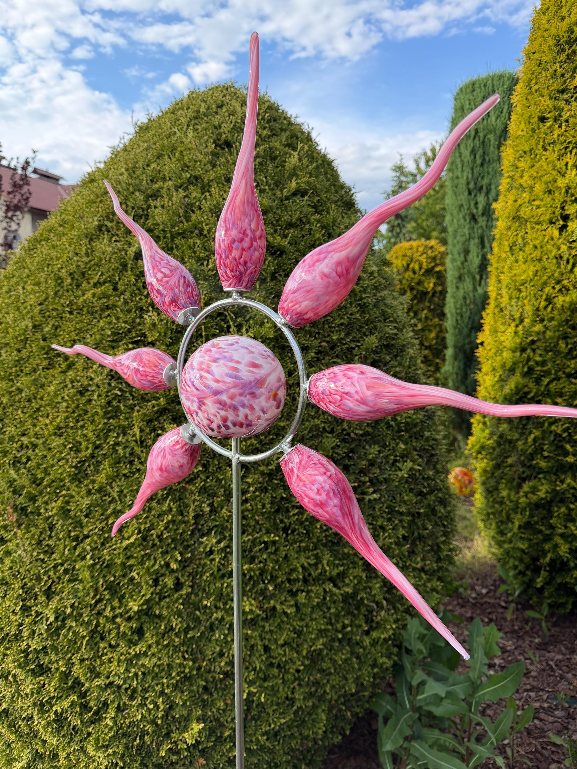 160cm Hand-Blown Pink Glass Sun Garden Stake – Metal Yard Art Sculpture – Outdoor Garden Decor