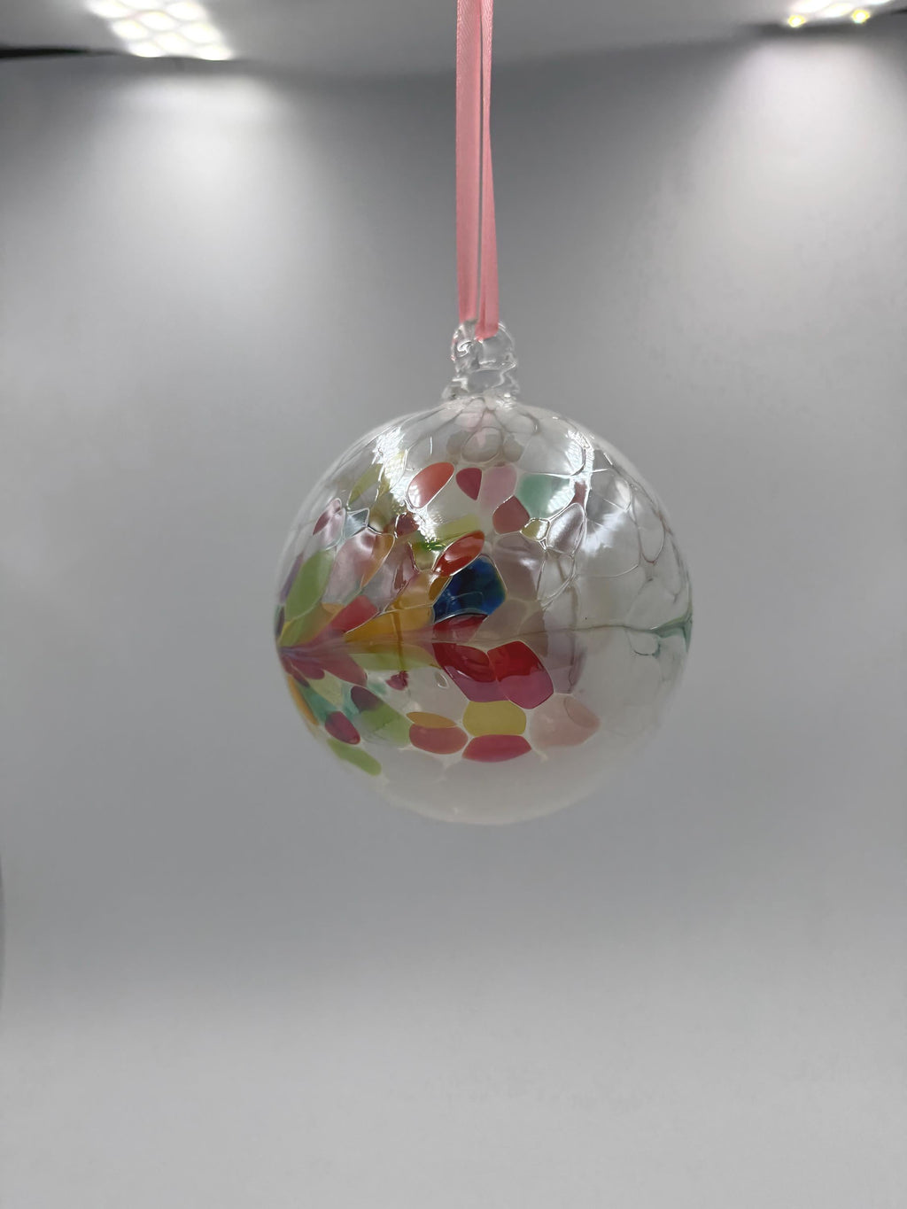 Hand Blown Clear Multicolor Glass Ball Ornament – 10cm Hanging Glass Bauble – Handmade Suncatcher