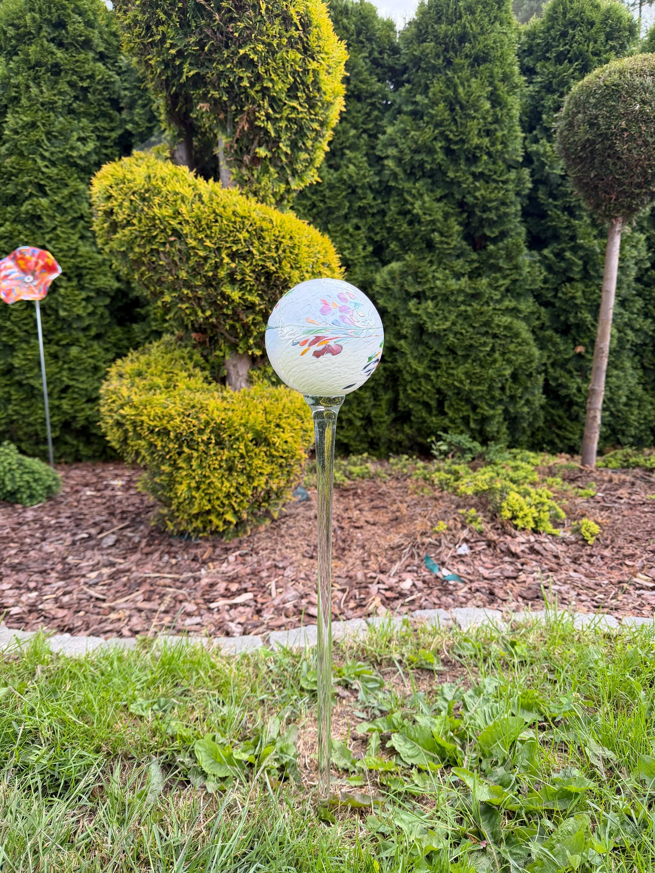 12cm White Glass Garden Stake - Hand Blown Garden Globe - 70cm Outdoor Decor