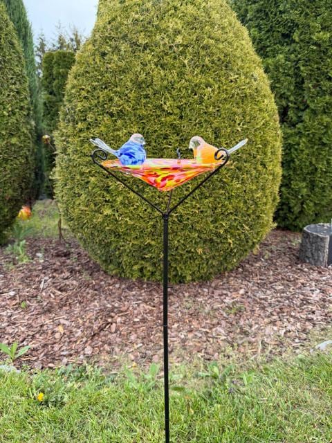 Hand-Blown Glass Bird Bath with Birds – Multicolor Swirl Garden Feeder, 50cm Stand Included