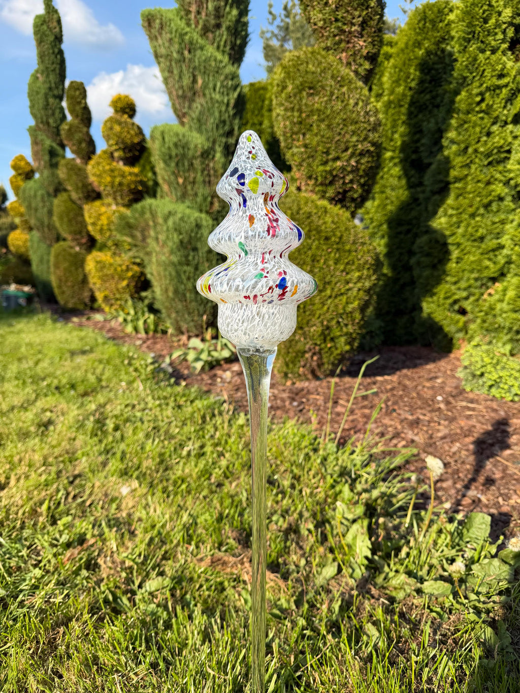 75cm Hand-Blown Glass Tree Garden Stake – Multicolor Confetti Crackle Tree 20cm