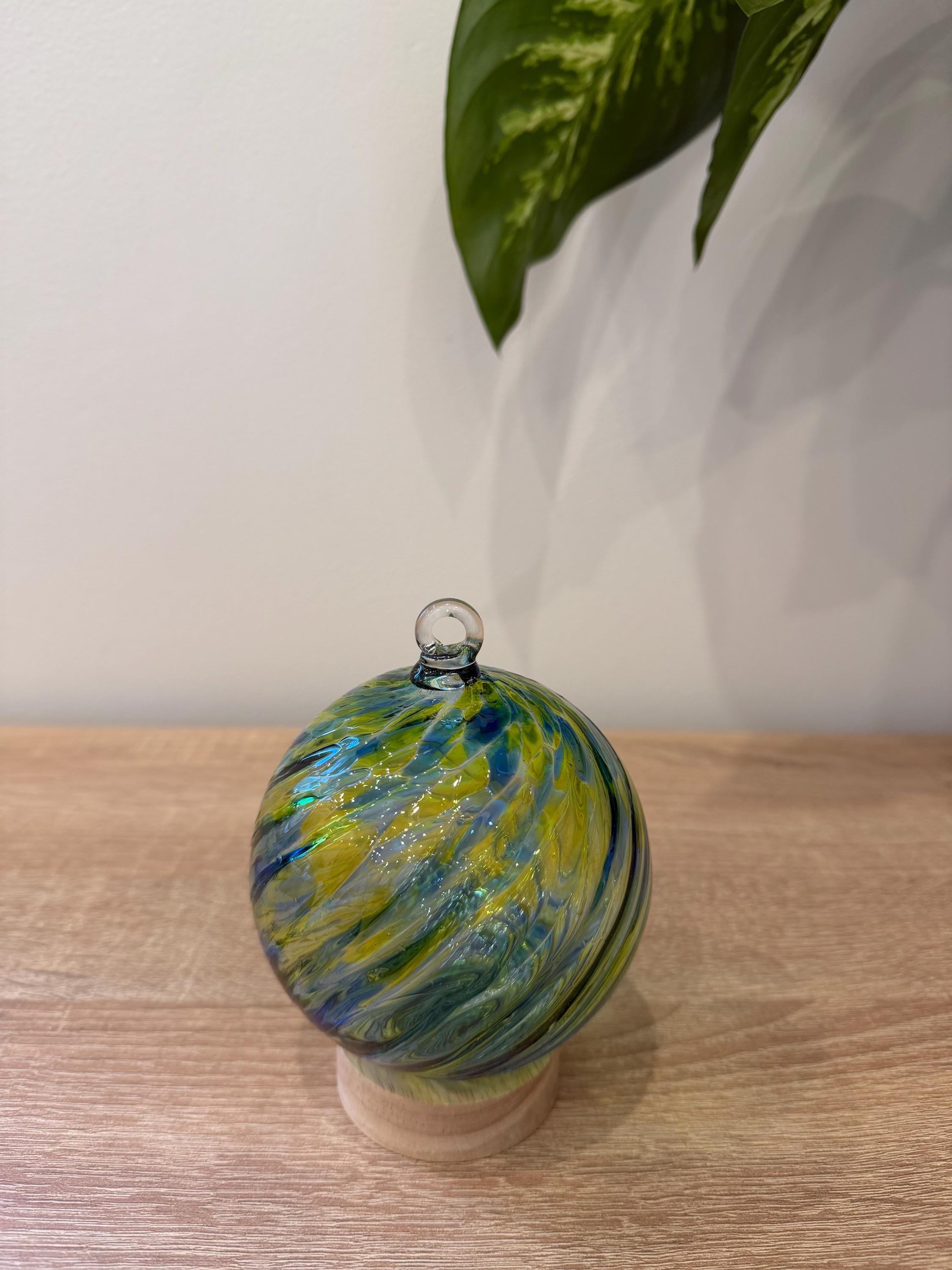 10cm Hand-Blown Multicolor Swirl Glass Ornament – Blue Green Yellow Hanging Ball