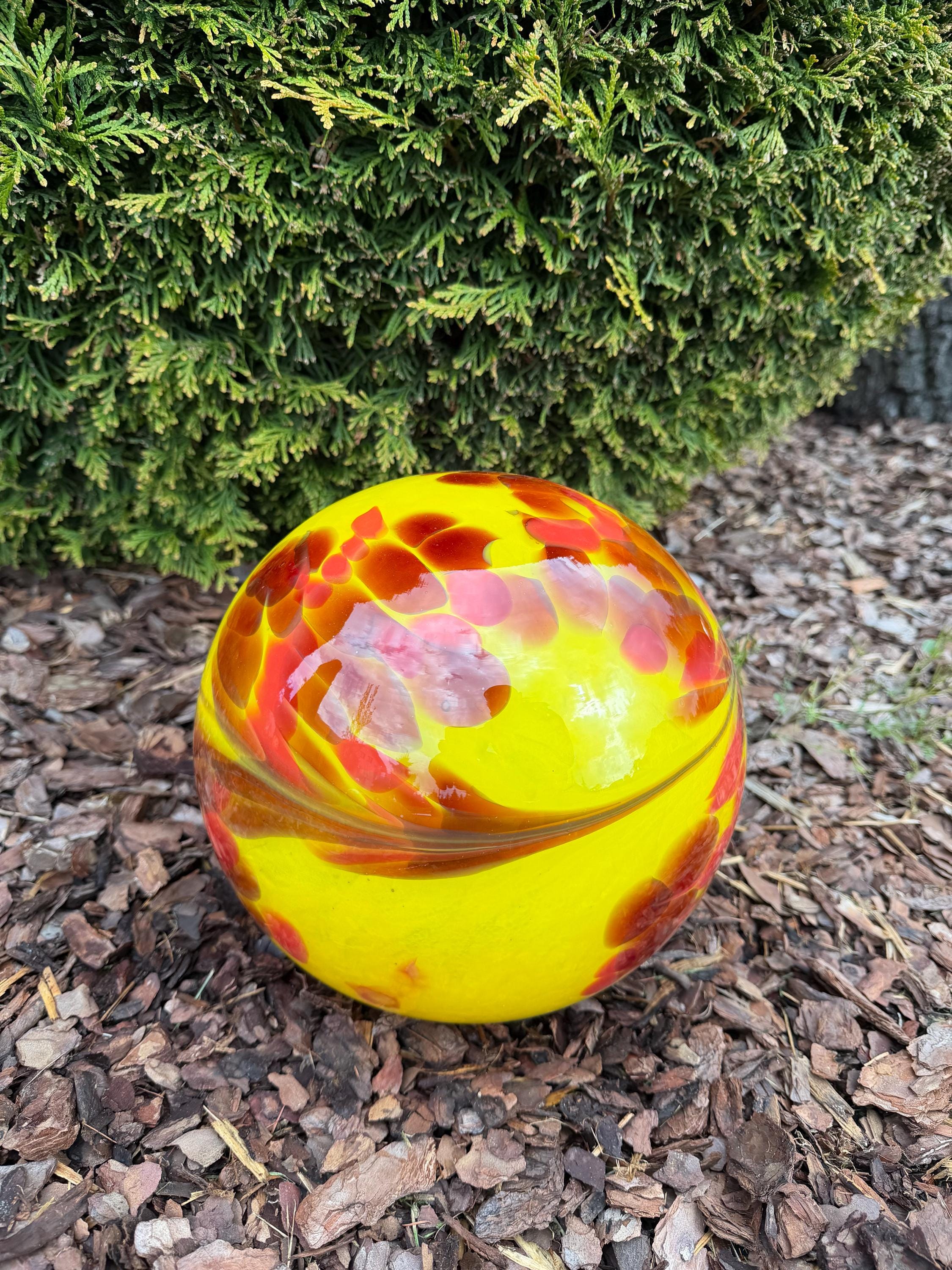 25cm Hand-Blown Glass Garden Sphere – Yellow Red Orange Mosaic Large Gazing Ball
