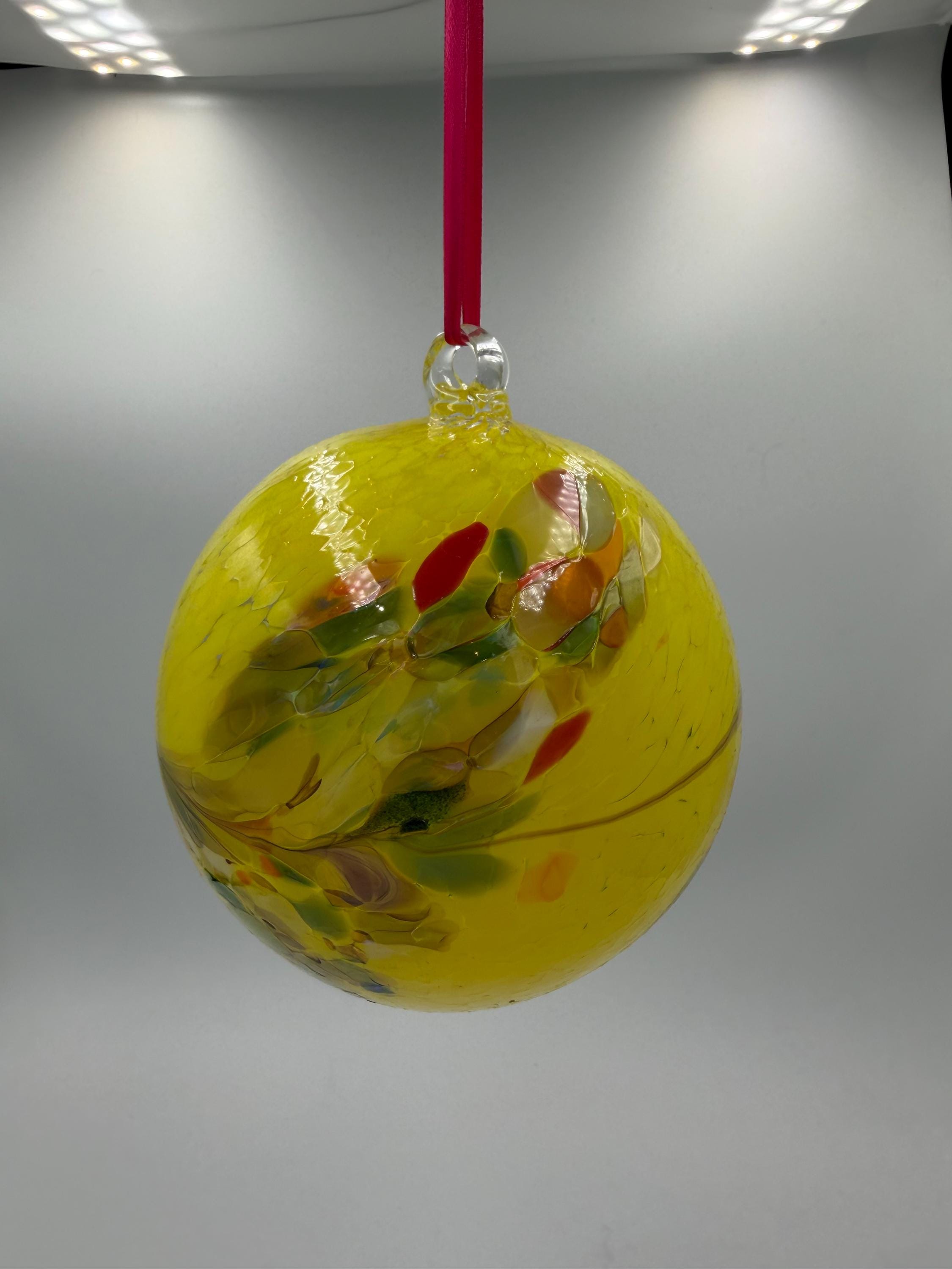 15cm Hand-Blown Crackle Glass Ornament – Yellow Multicolor Crackle Hanging Ball