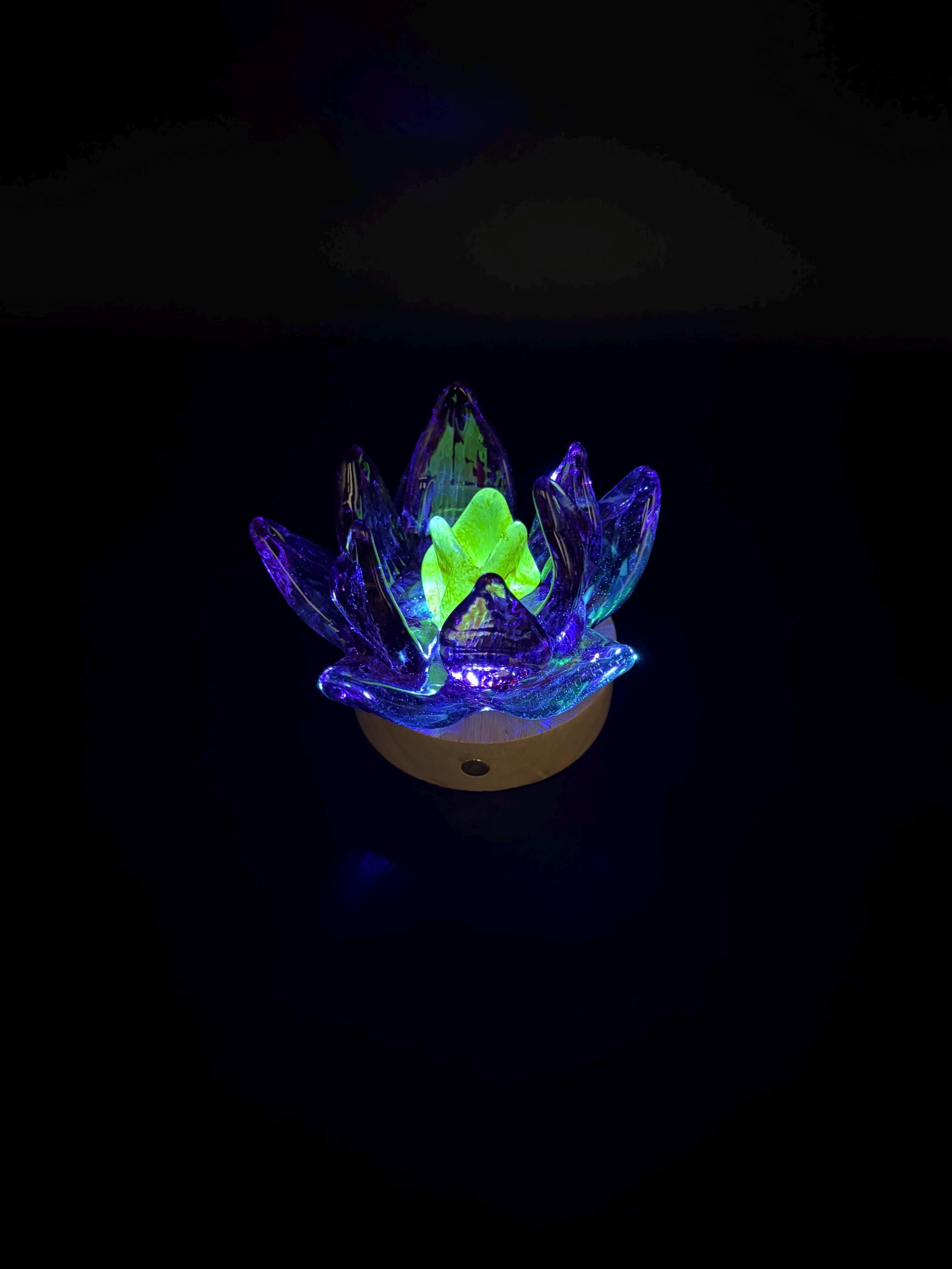 Hand Blown Glass Flower Night Light – Touch Lamp with Wooden Base (12cm)