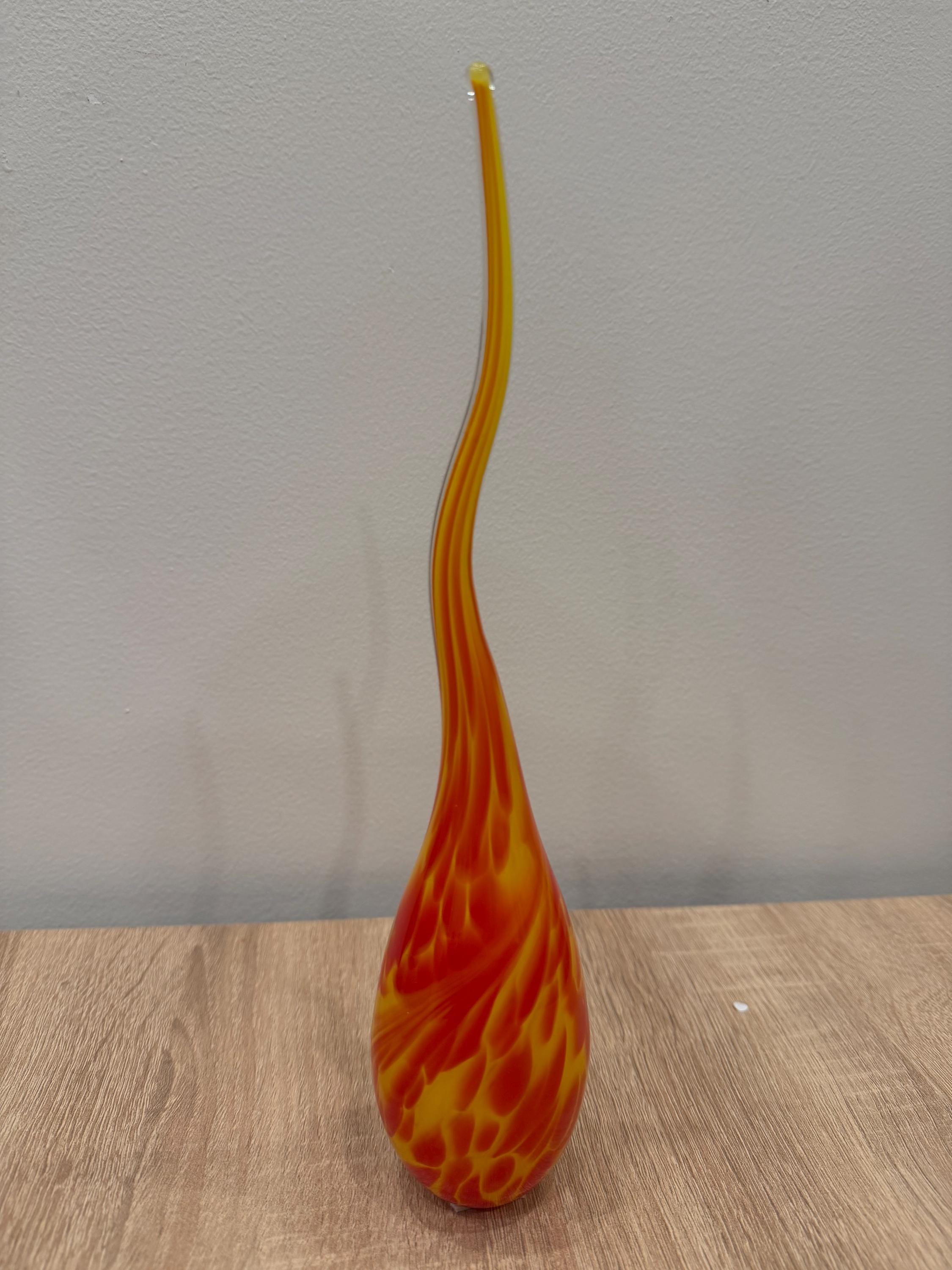 Handblown Glass Flame Sculpture | Yellow Red Blue Orange Swirls, Modern Home Decor