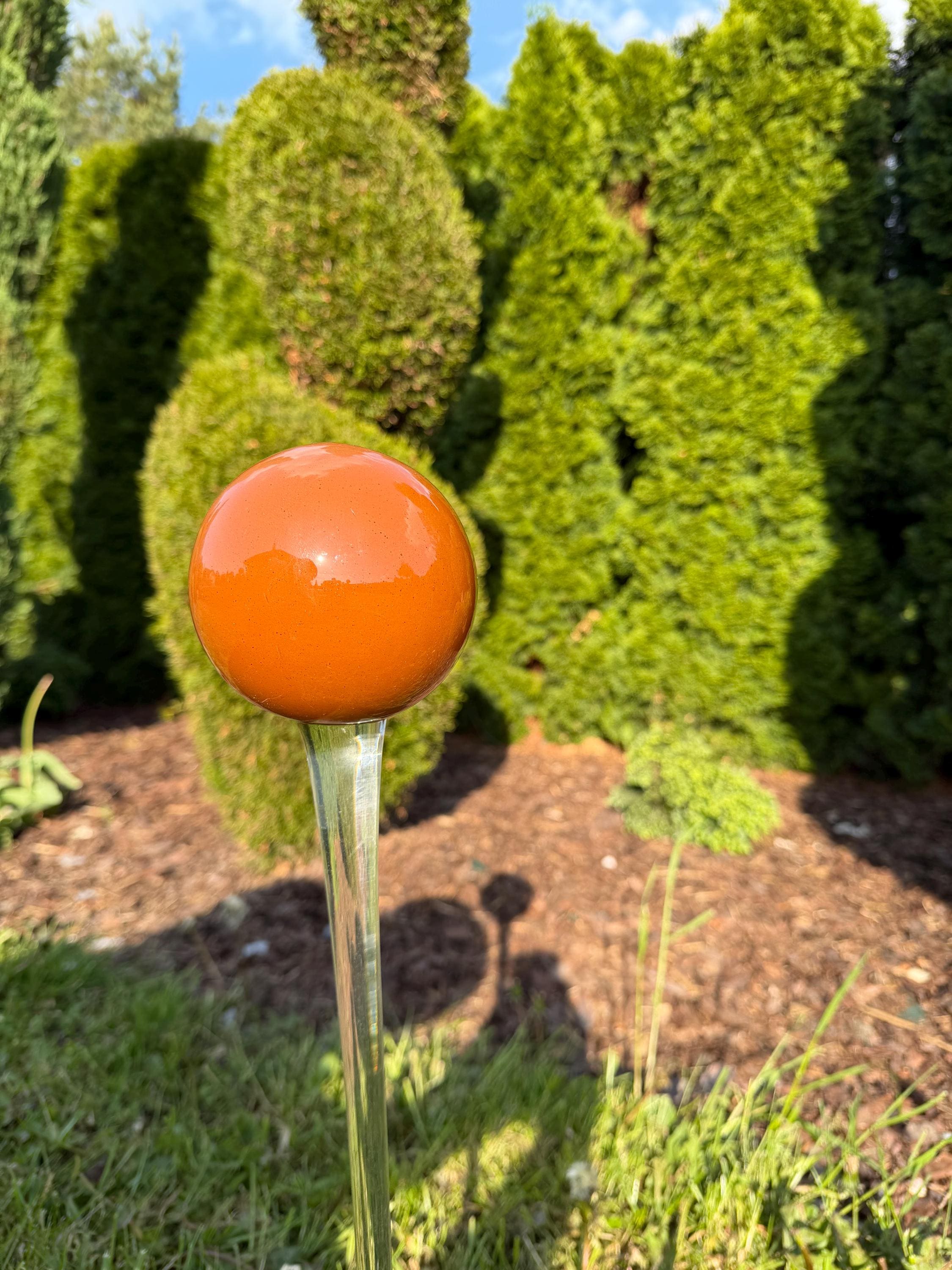 70cm Hand-Blown Orange Glass Garden Stake – 12cm Amber Sphere