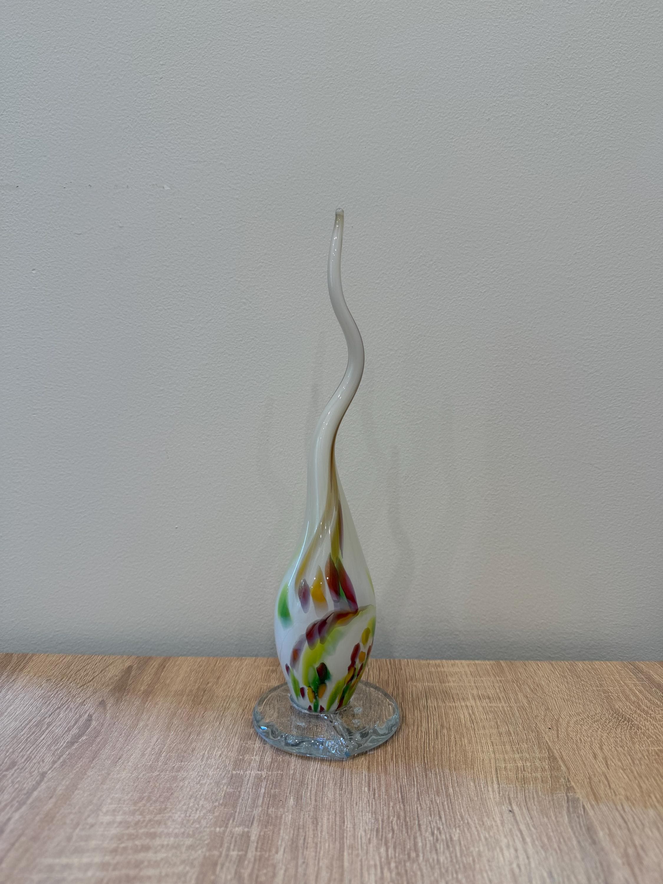 Hand-Blown Glass Spike Sculpture 30cm – White Multicolor Swirl Elegant Art Object