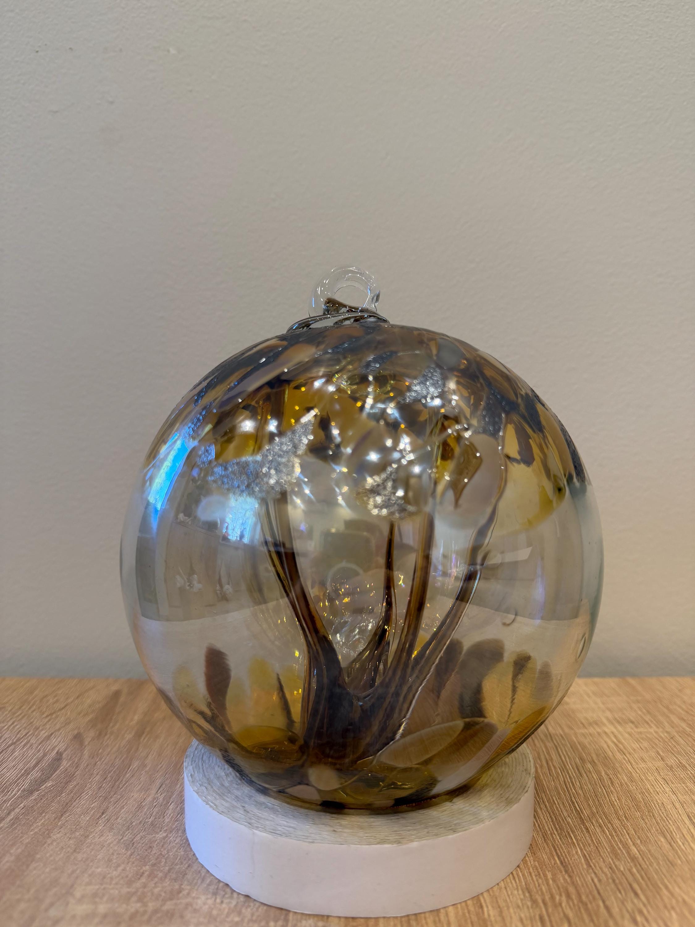15cm Handblown Art Glass Sphere – "Golden Hearth" Amber Tree of Life