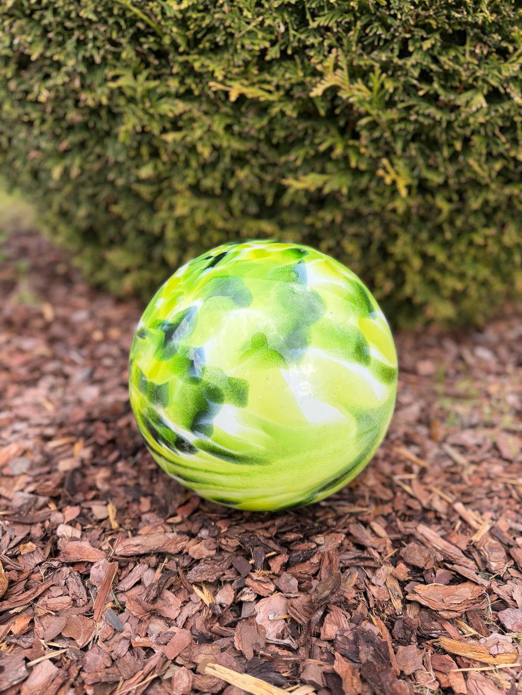 25cm Hand-Blown Glass Garden Sphere – Lime Green Dark Green Swirl Large Gazing Ball